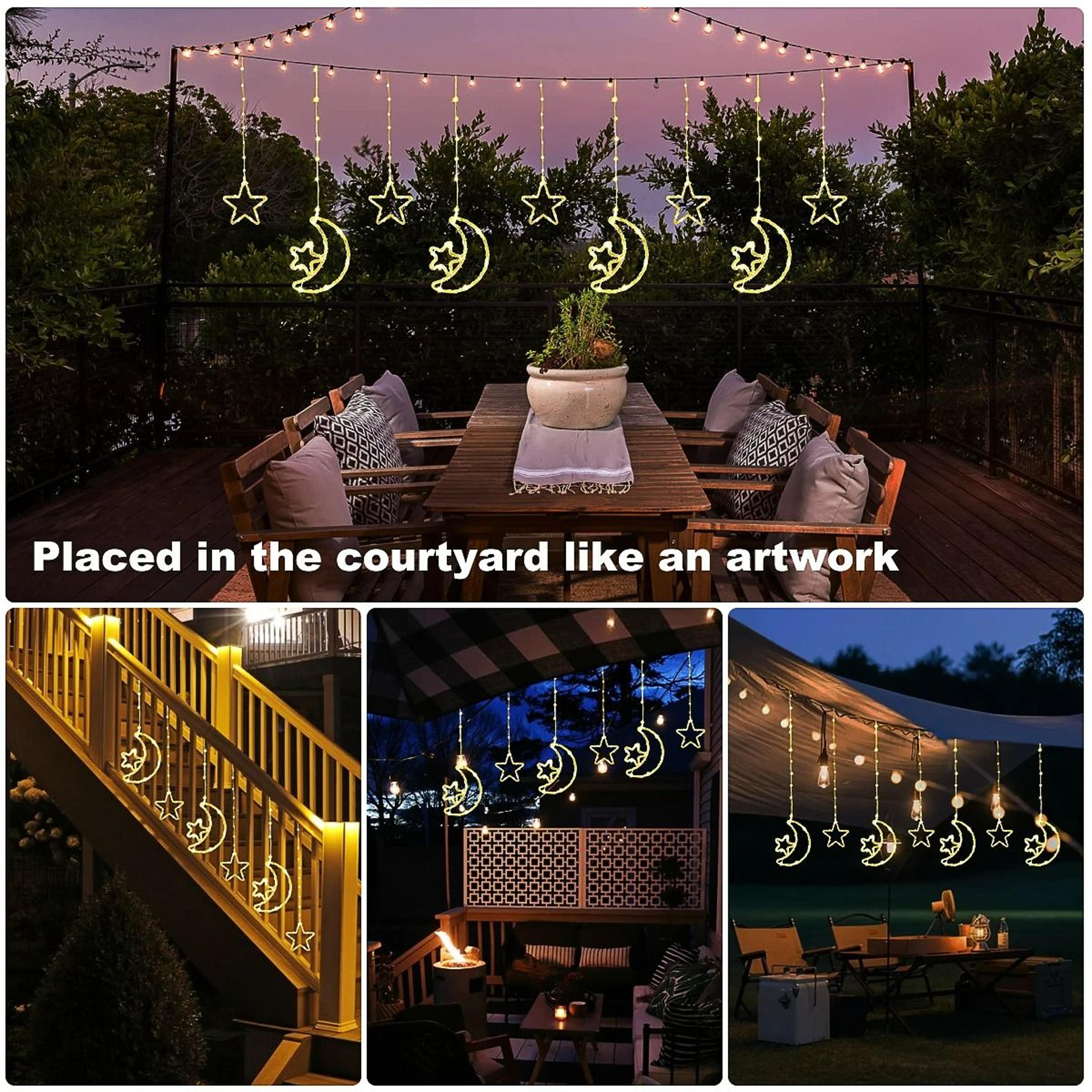 Solar Powered Star  Moon LED Curtain Lights 8 Modes Outdoor Hanging Lights 5