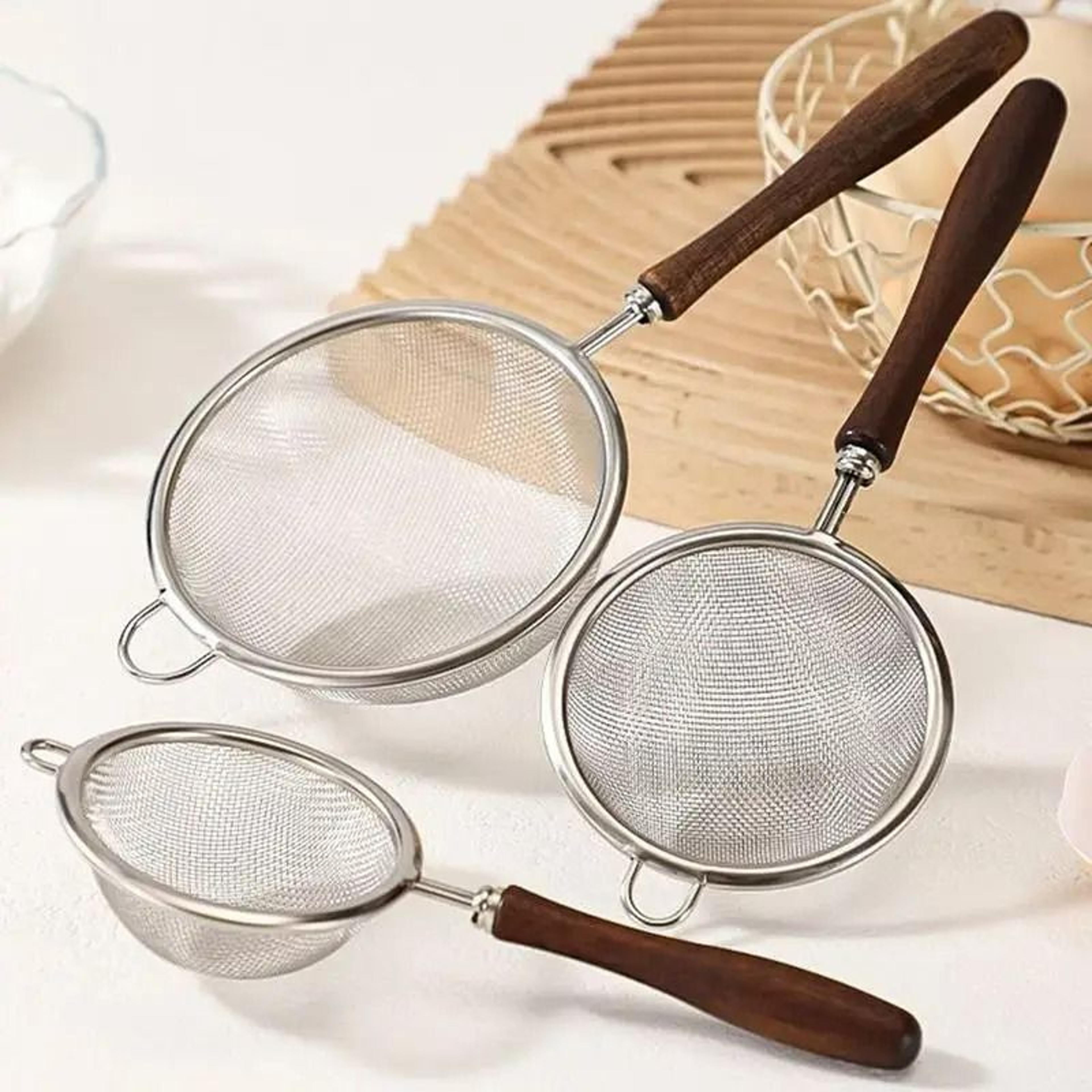 stainless steel fine mesh filter spoon with walnut handle