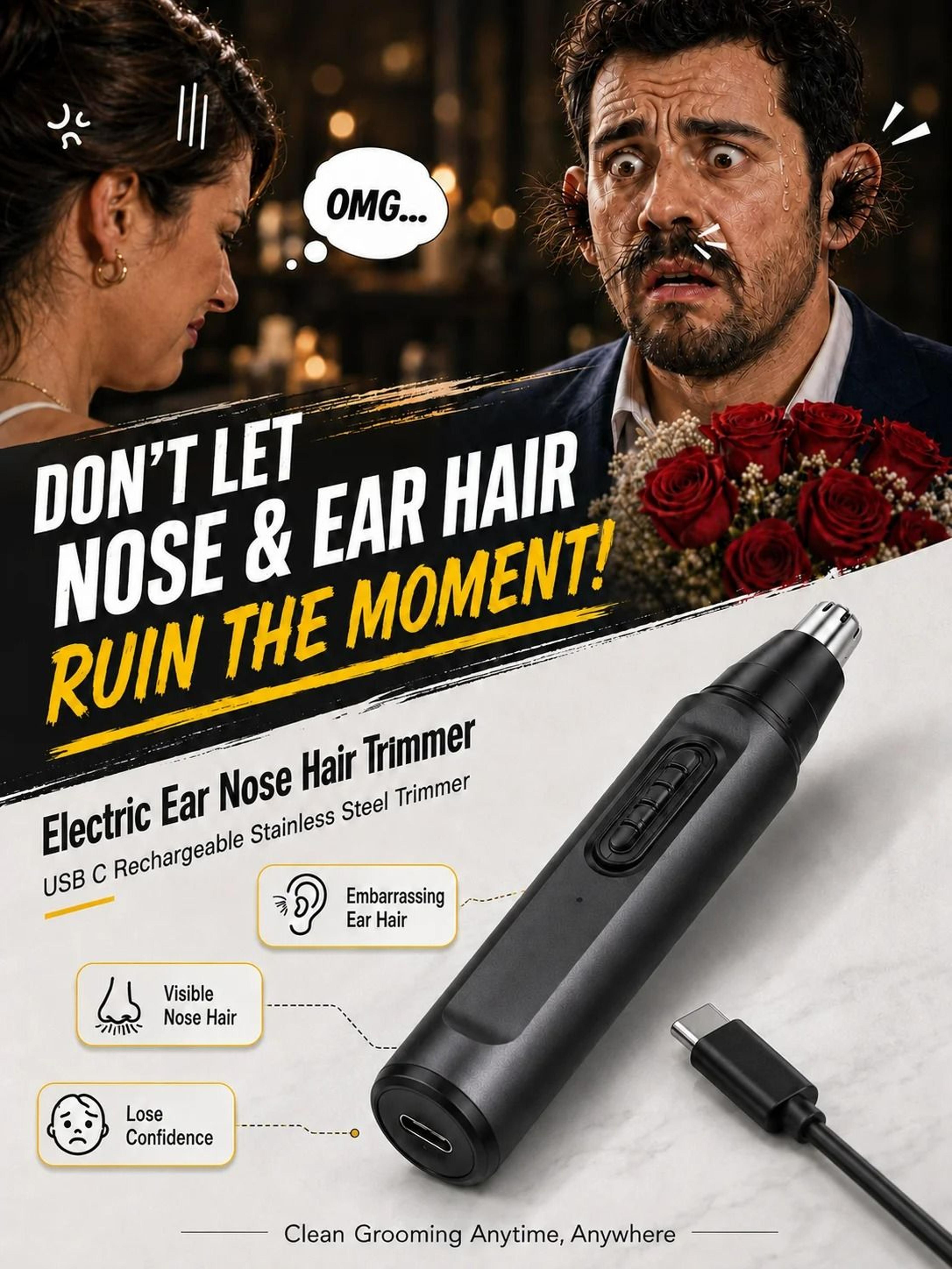 usb-c rechargeable stainless steel nose & ear hair trimmer