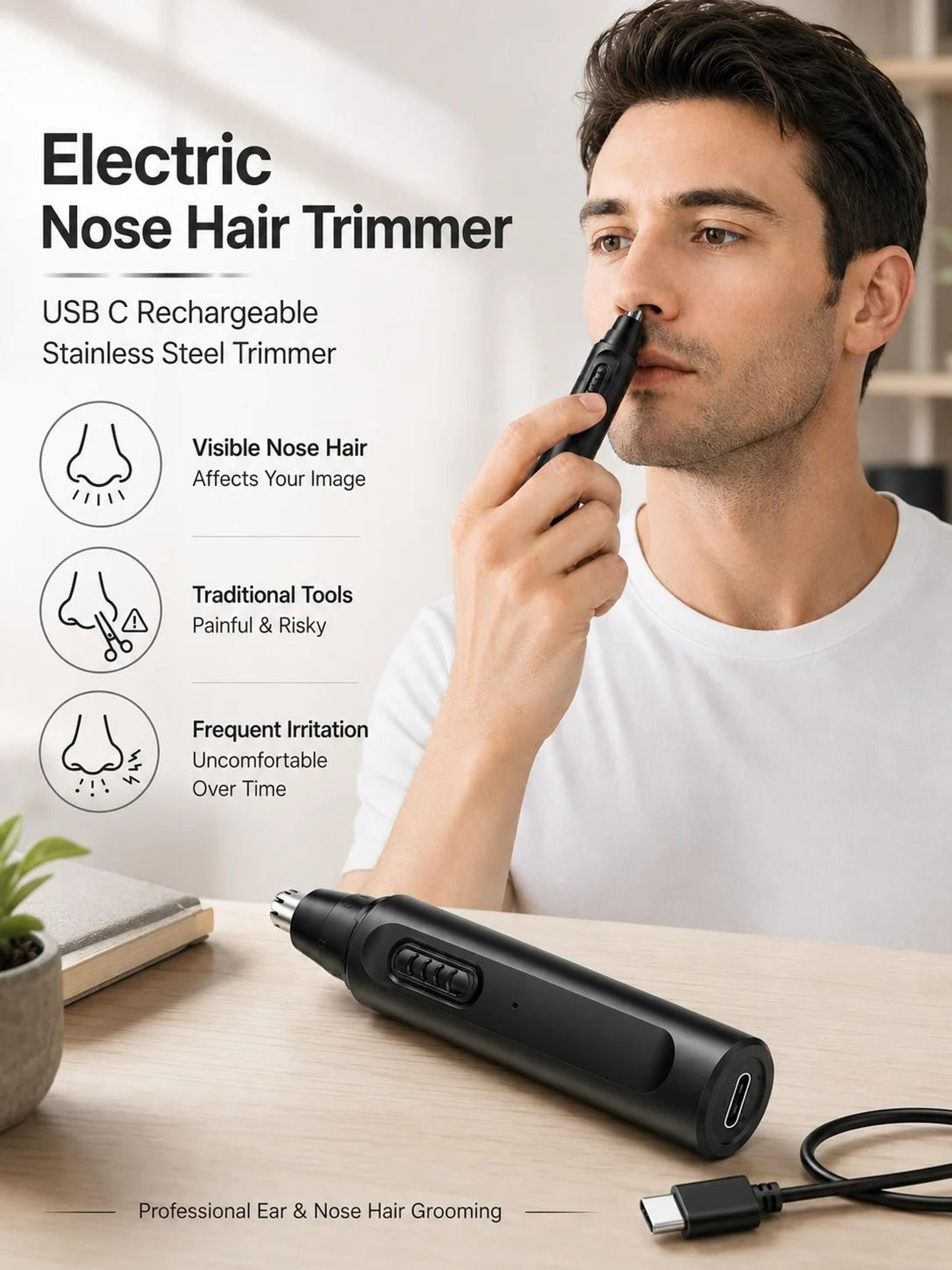 professional usb-c rechargeable stainless steel ear & nose hair trimmer