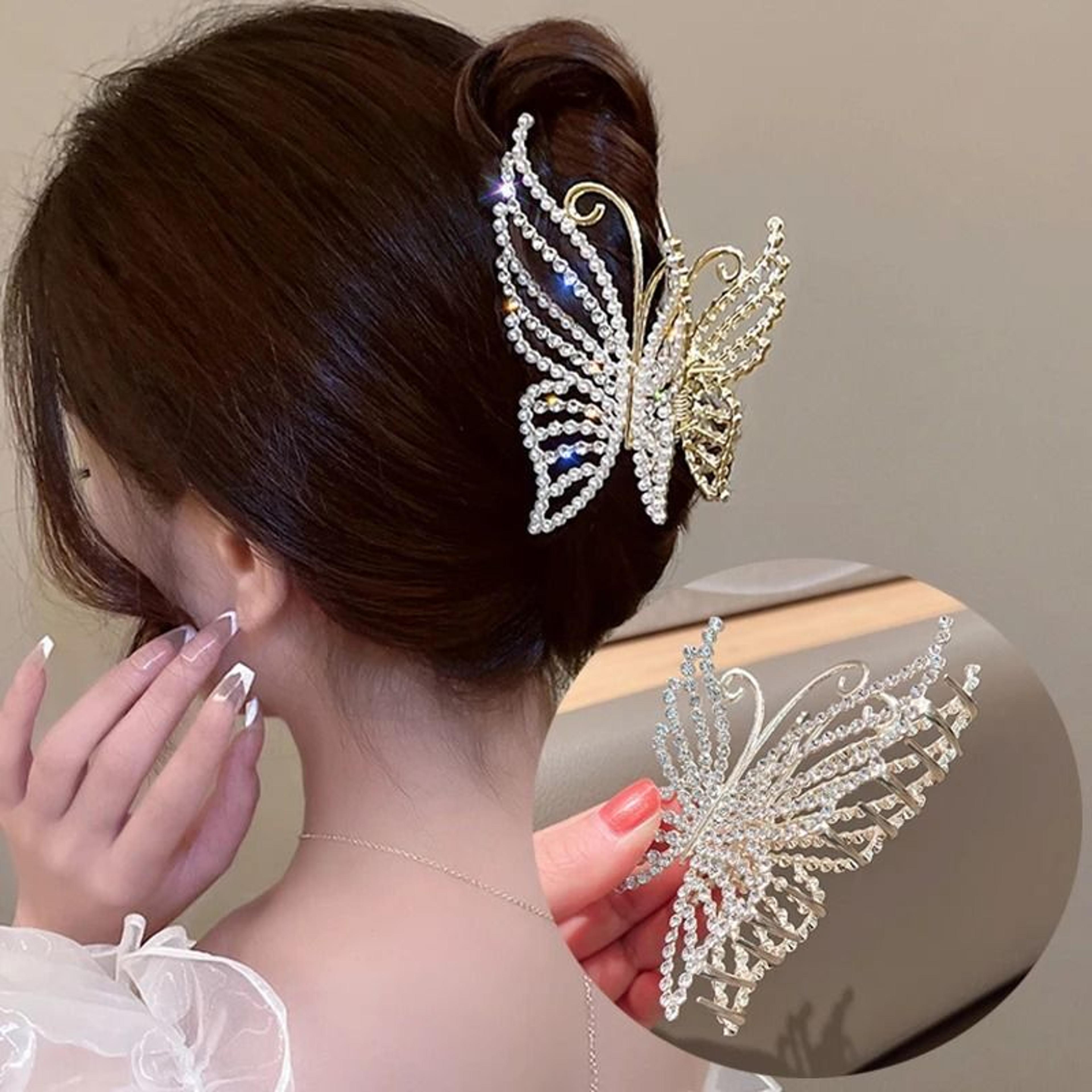 rhinestone butterfly & pearl hair claw clip