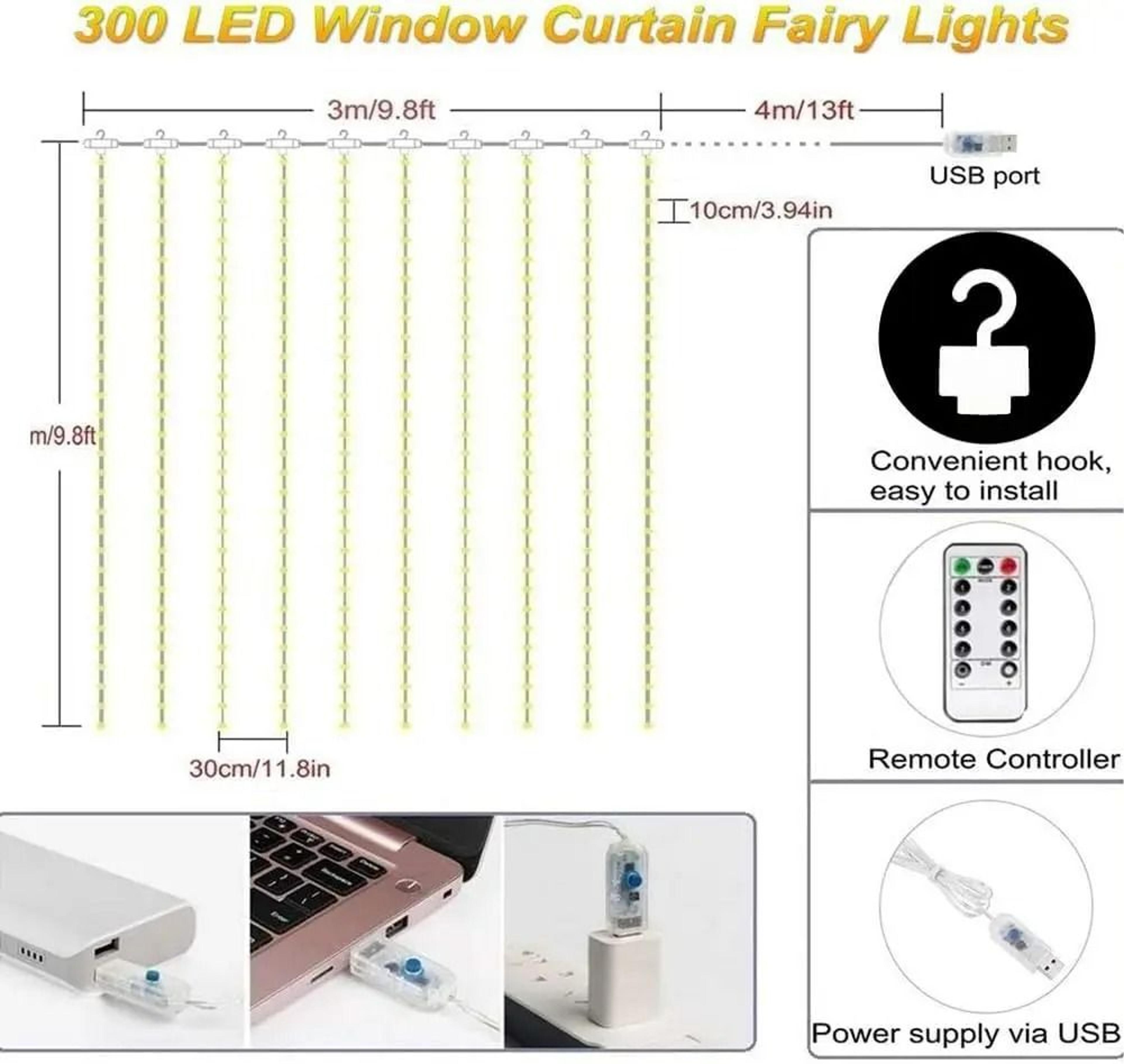 300 LED Curtain Fairy Lights With Remote 4