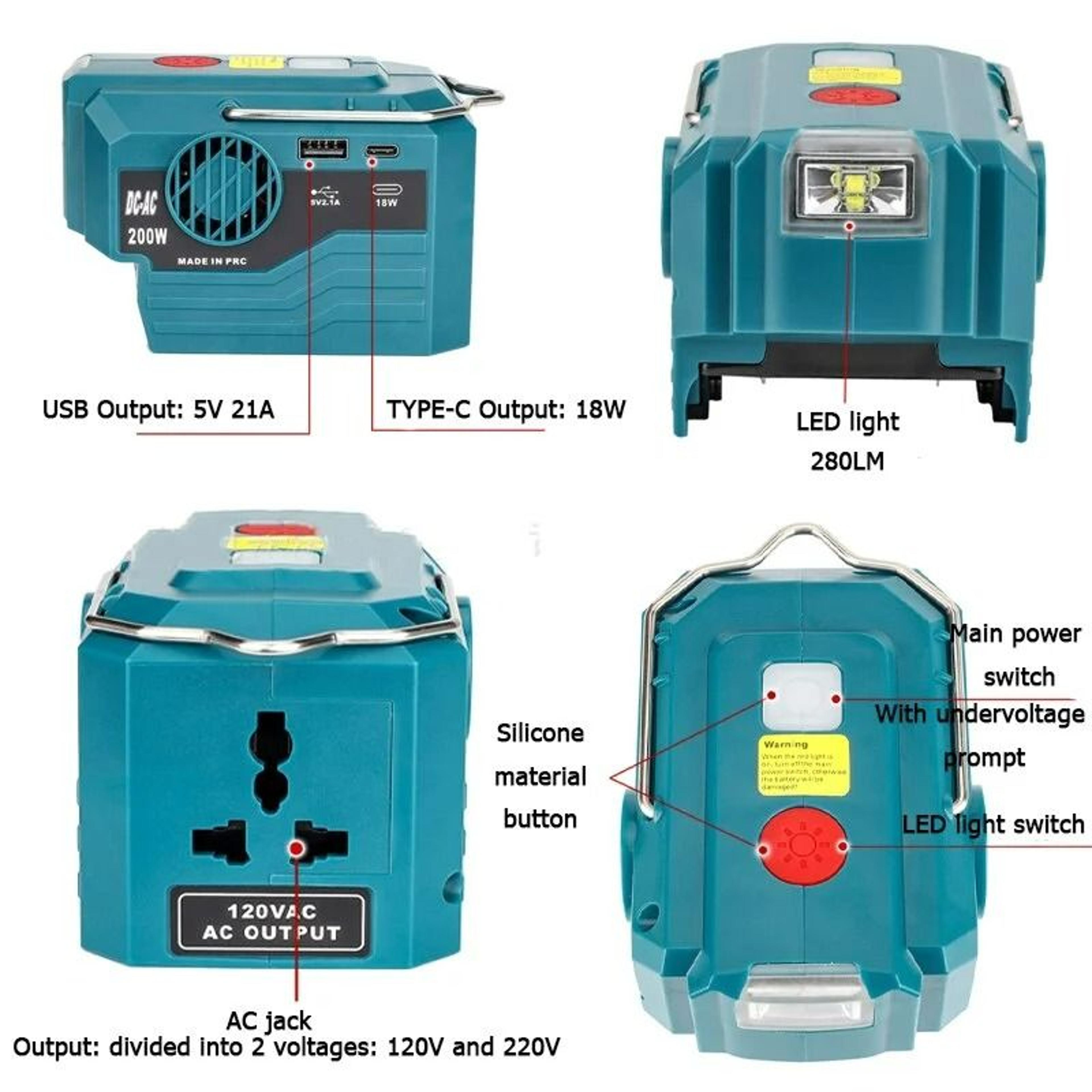 Portable AC Power Inverter  LED Camping Light Generator For 18V20V Lithium Batteries 4