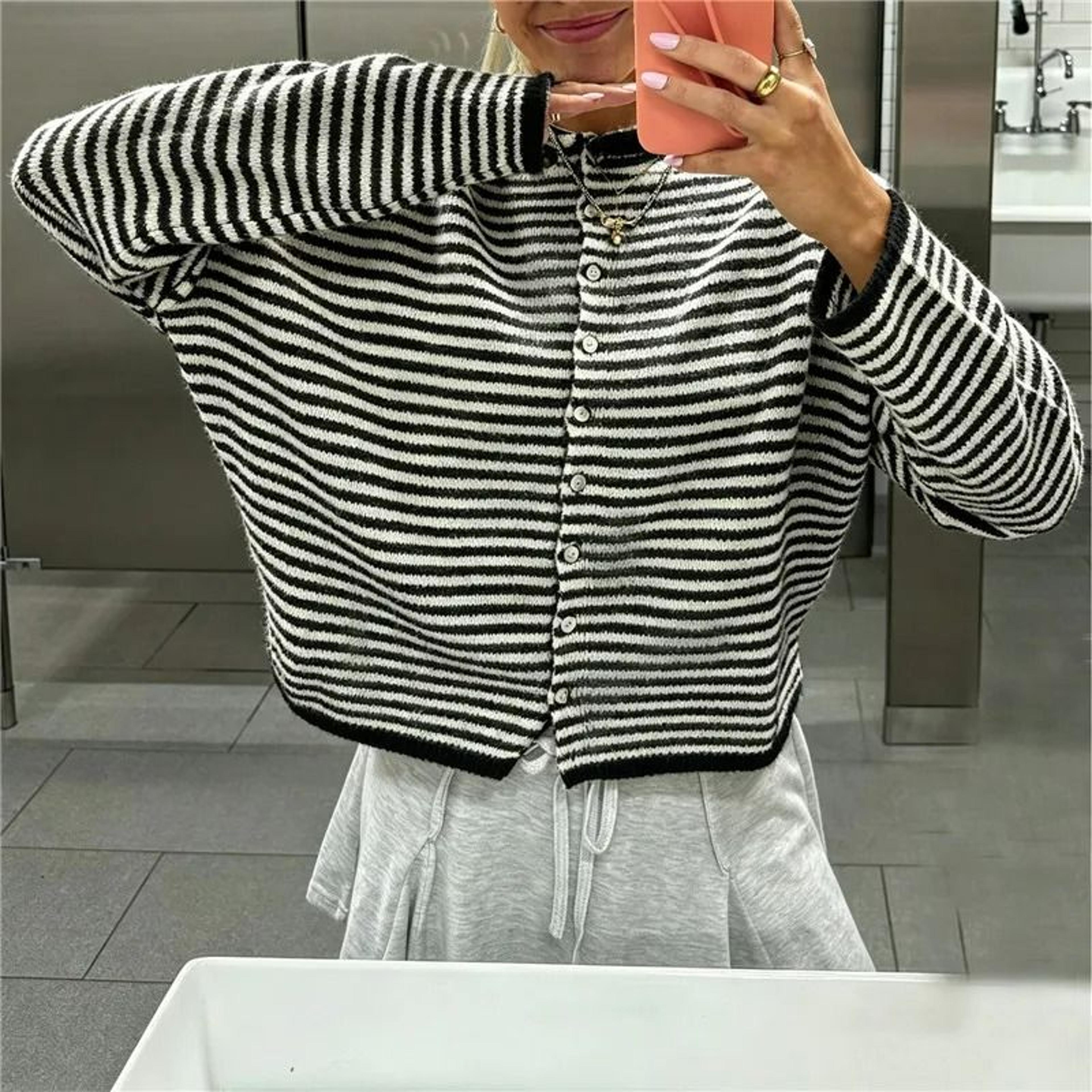 Womens Casual Striped Long Sleeve Knit Cardigan Sweaters 17