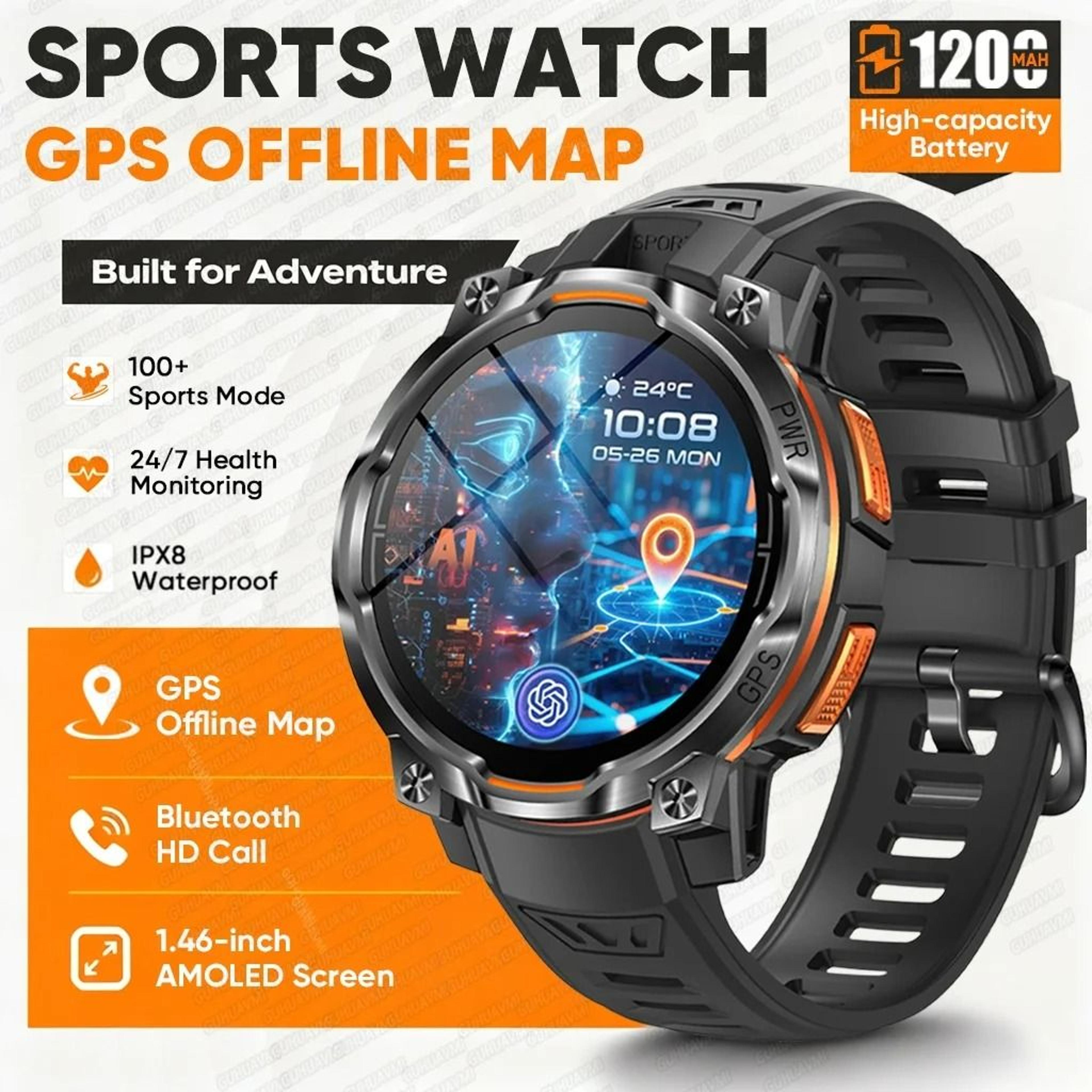 Mens Rugged GPS Outdoor Smartwatch With Offline Maps  1200mAh Battery 7