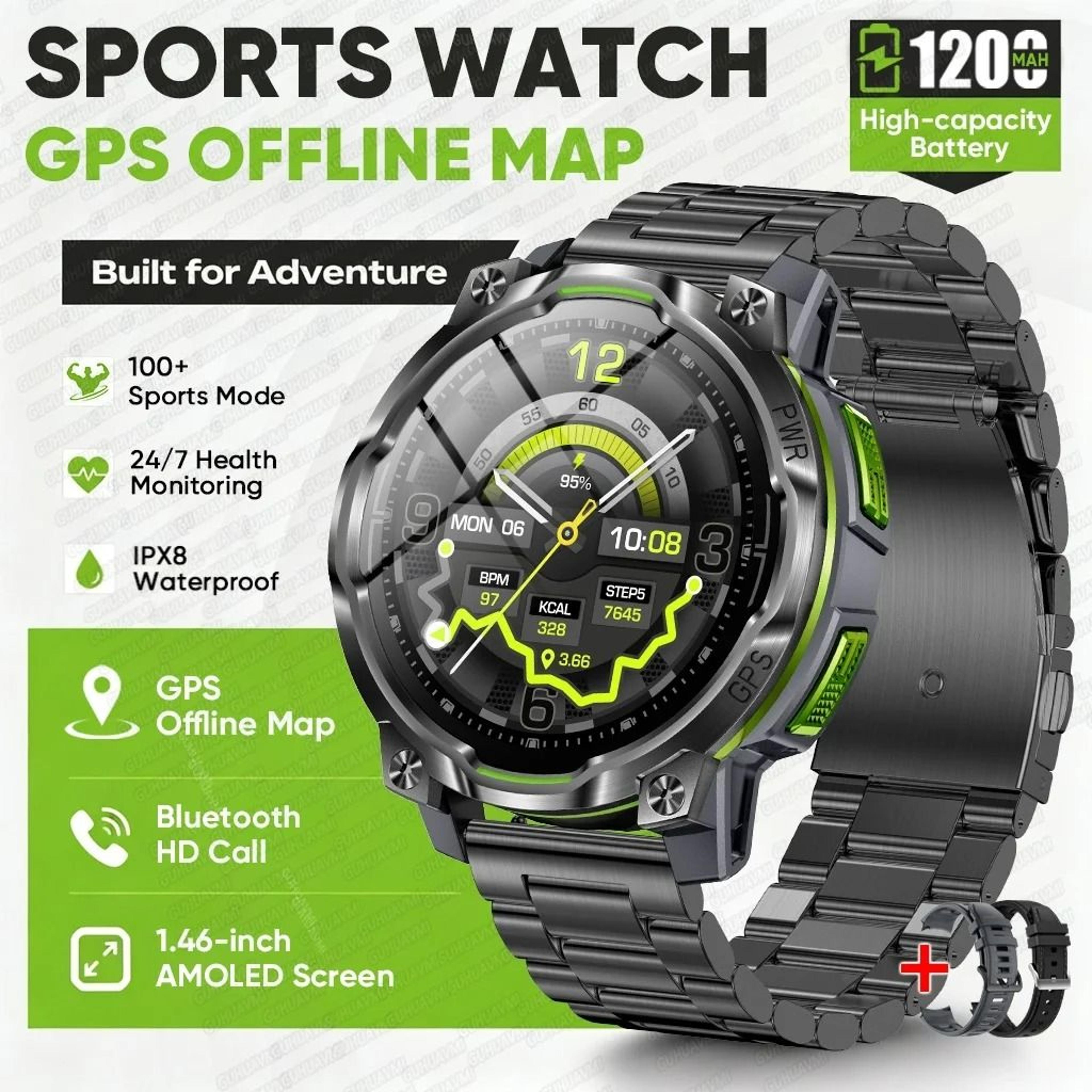Mens Rugged GPS Outdoor Smartwatch With Offline Maps  1200mAh Battery 10