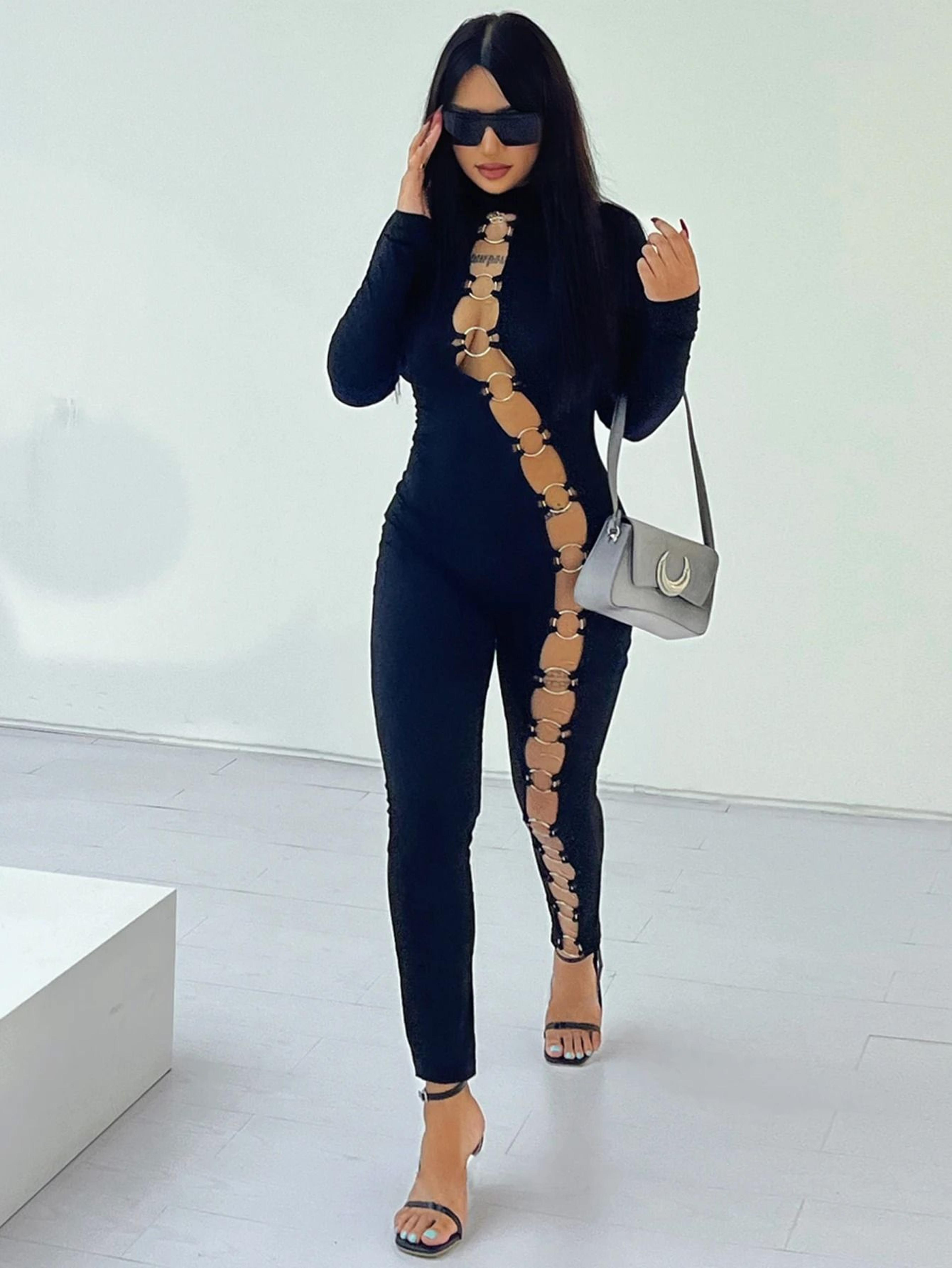 Womens LongSleeve StandUp Collar OnePiece Bodysuit  Fitness Jumpsuit 8