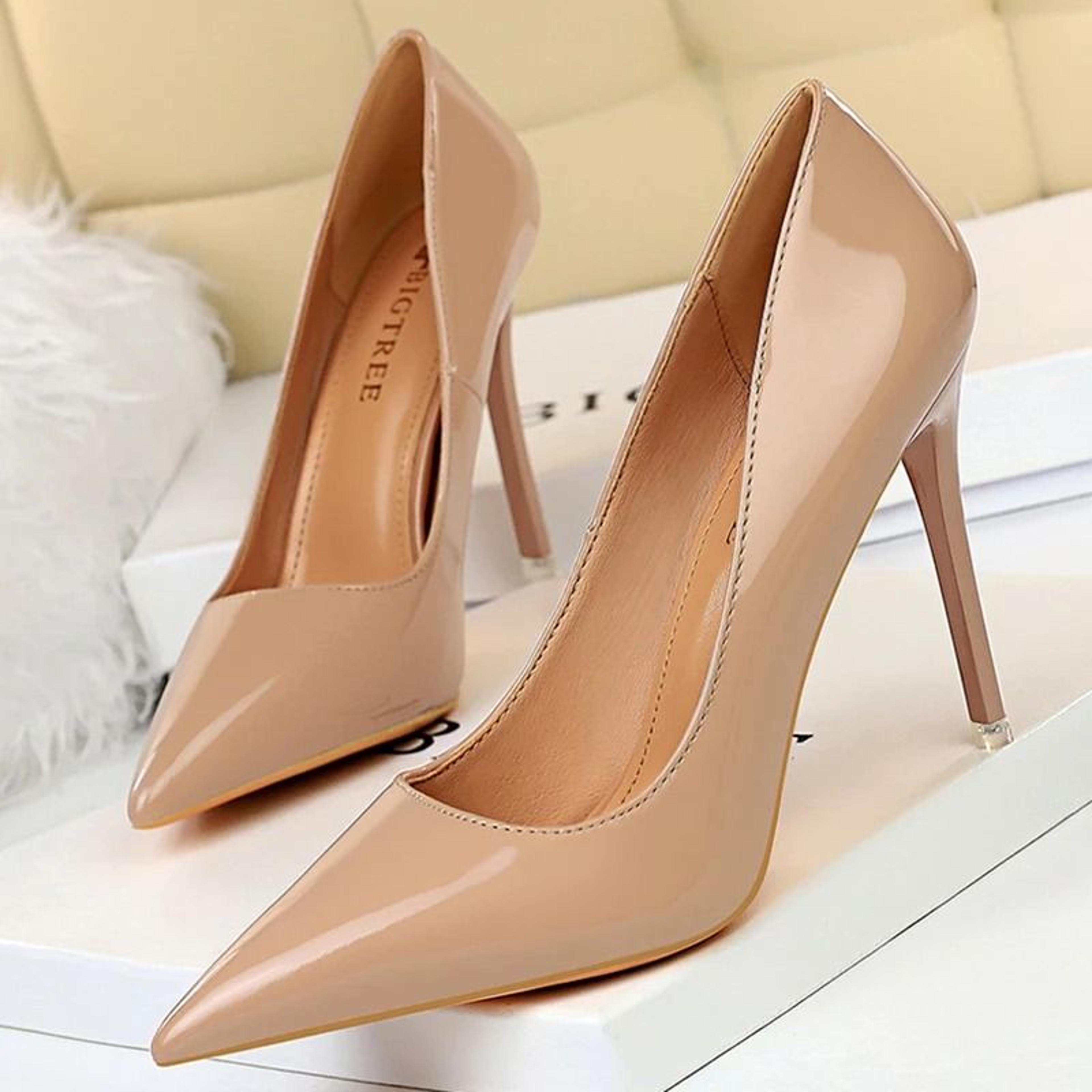Classic Pointed Toe Stiletto Pumps In Metallic And Nude Finish 1