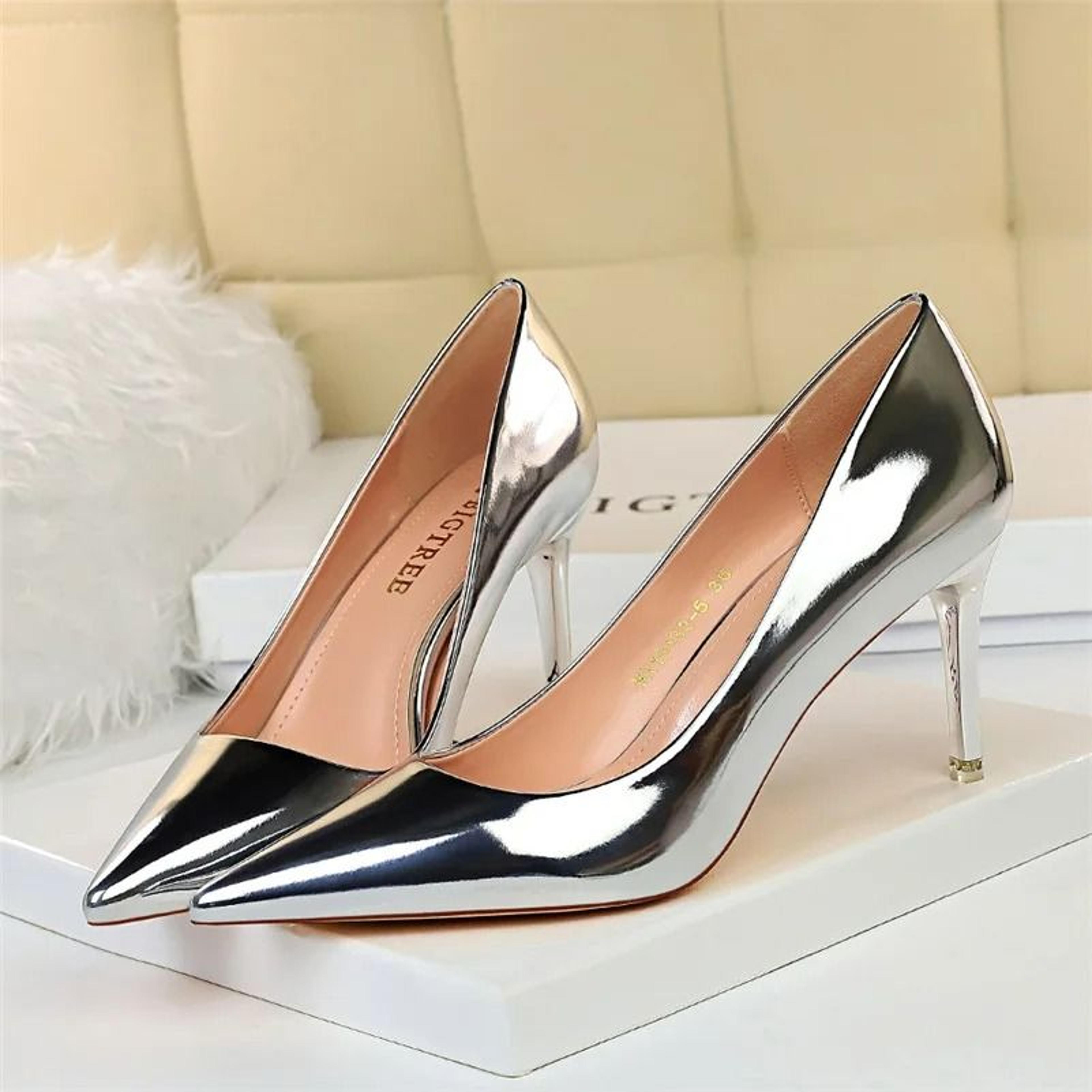 Metallic Patent Leather Stiletto Pumps In Radiant Gold And Silver 7