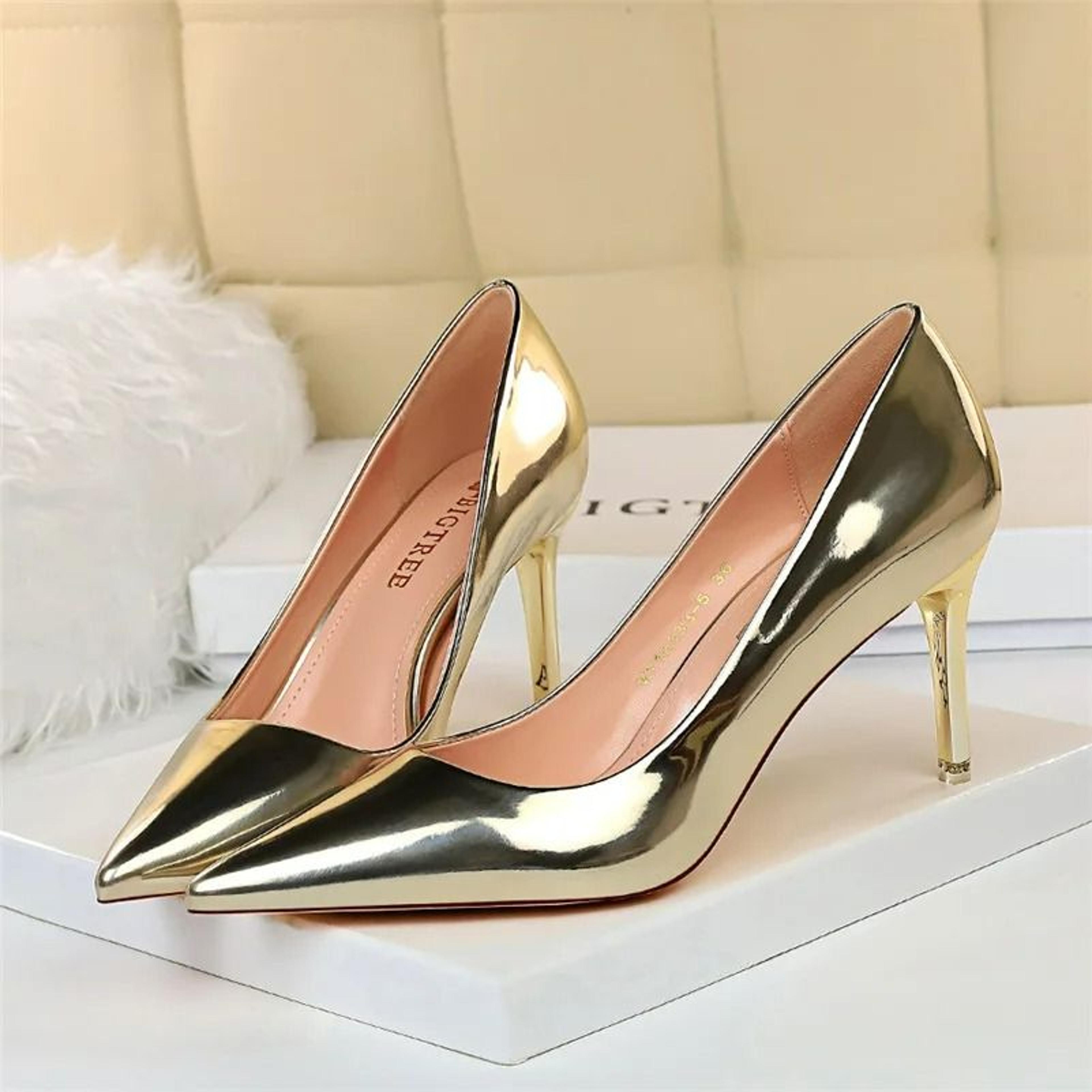 Metallic Patent Leather Stiletto Pumps In Radiant Gold And Silver 9