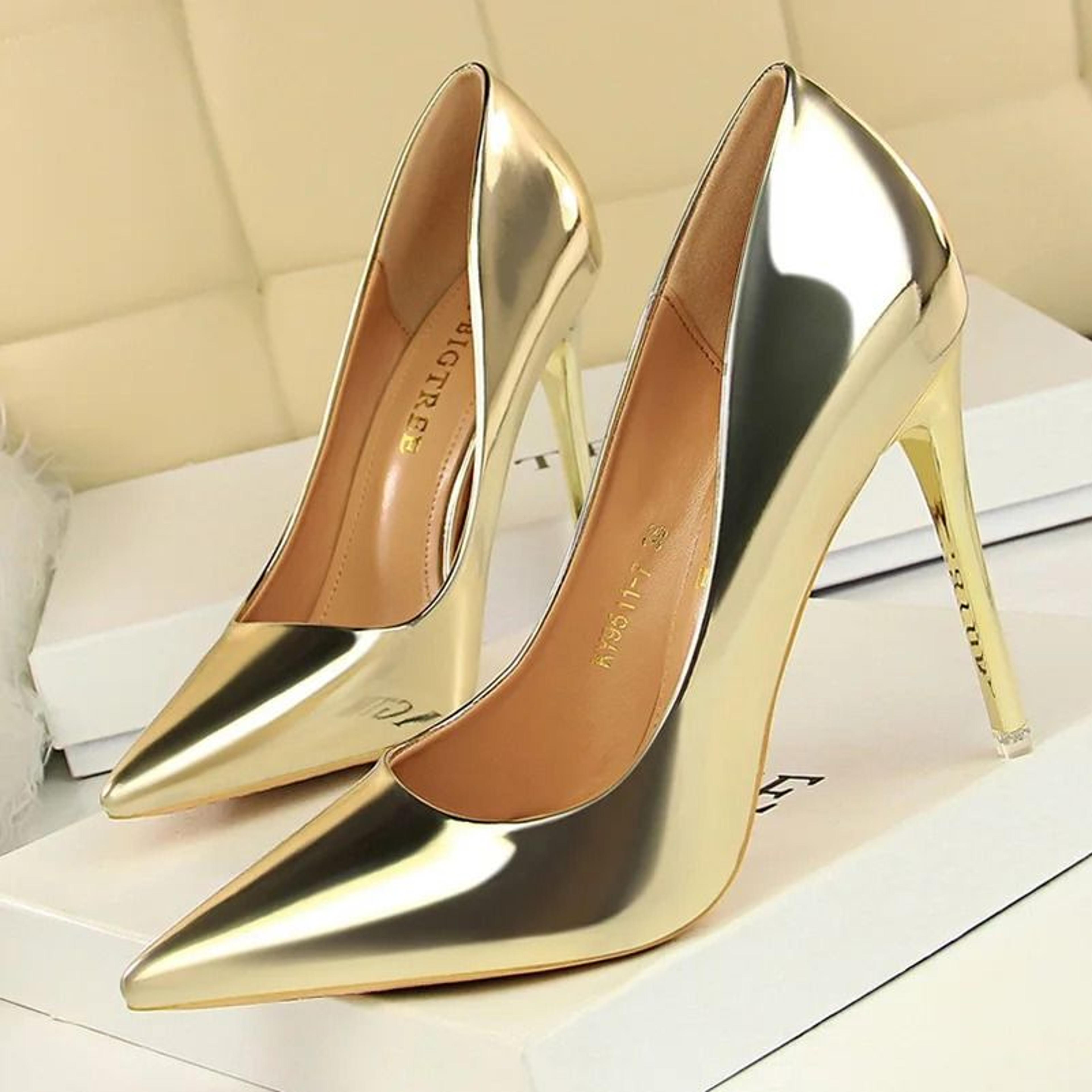 metallic patent leather stiletto pumps in radiant gold and silver