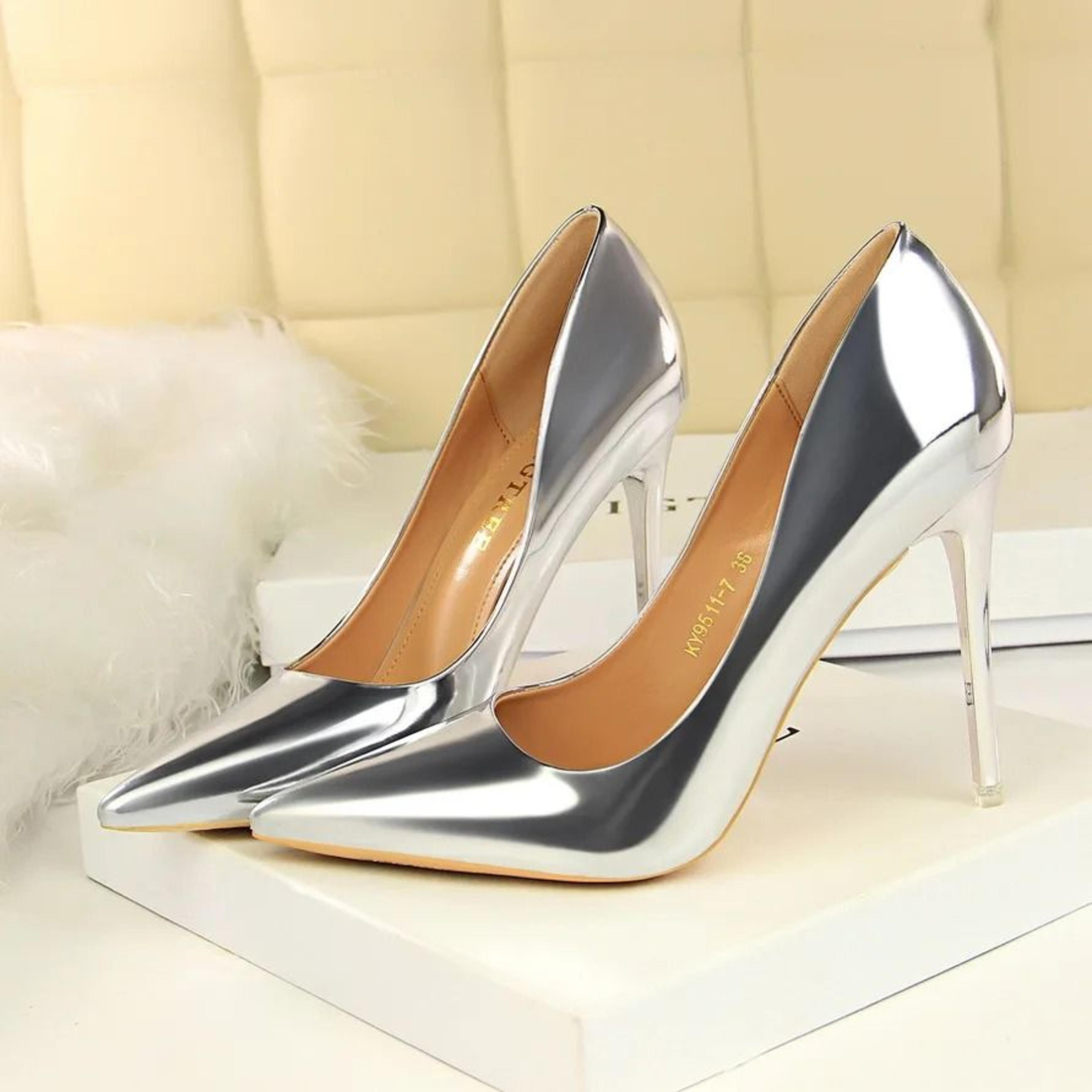 Metallic Patent Leather Stiletto Pumps In Radiant Gold And Silver 10