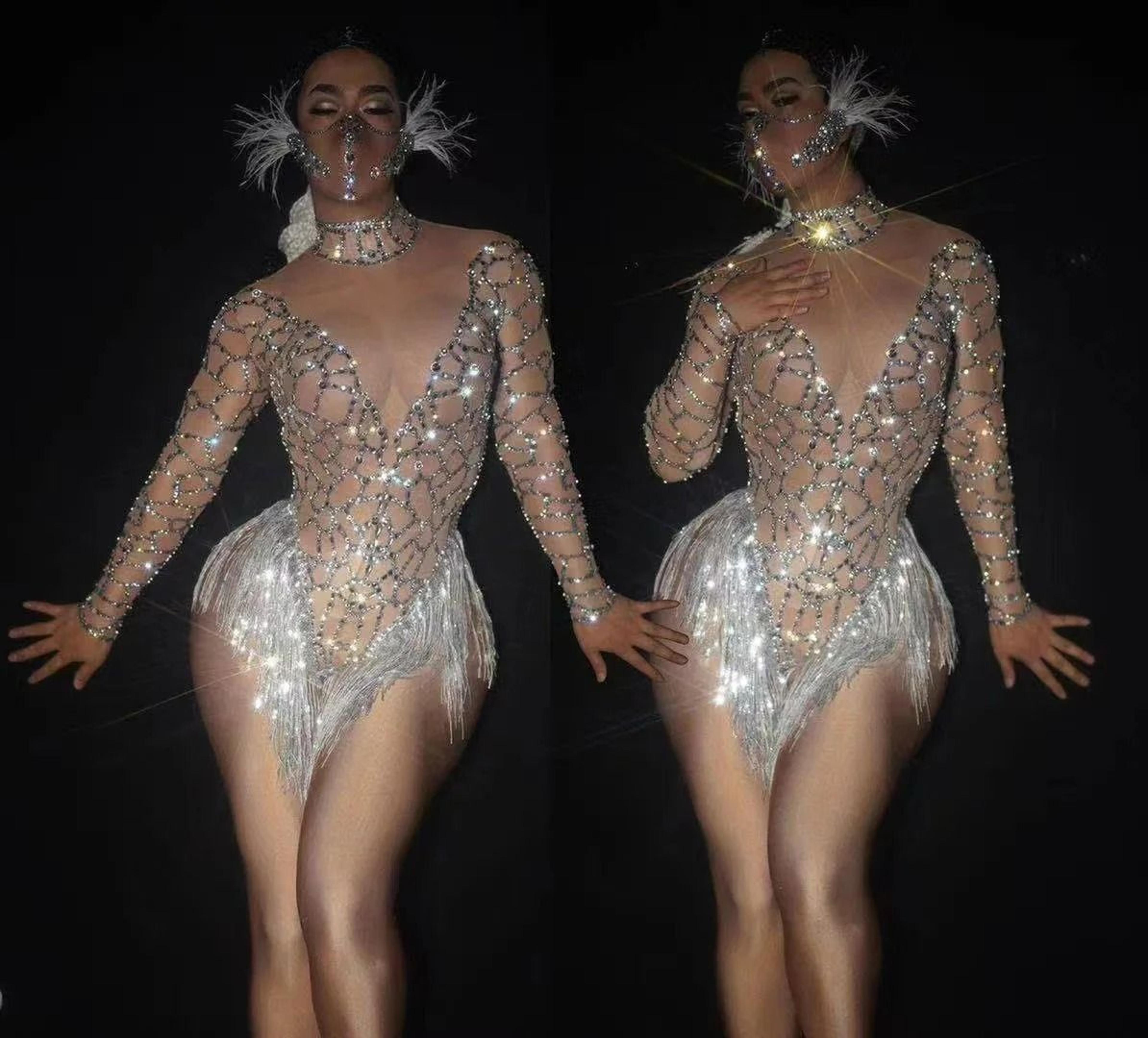 Sparkling Rhinestone Fringe Sheer Bodysuit Performance Costume 4