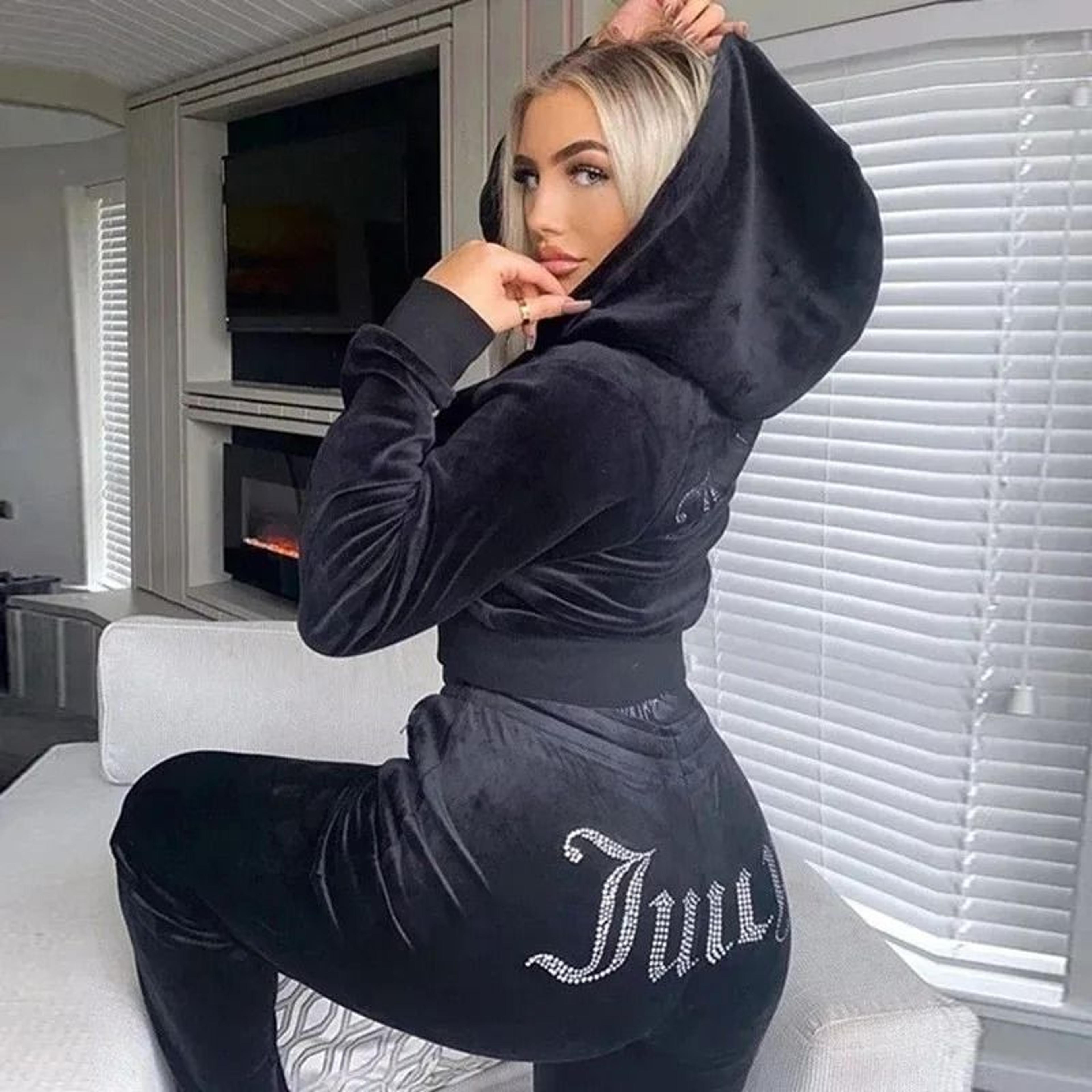 women's rhinestone velvet zip hoodie and sweatpants tracksuit set