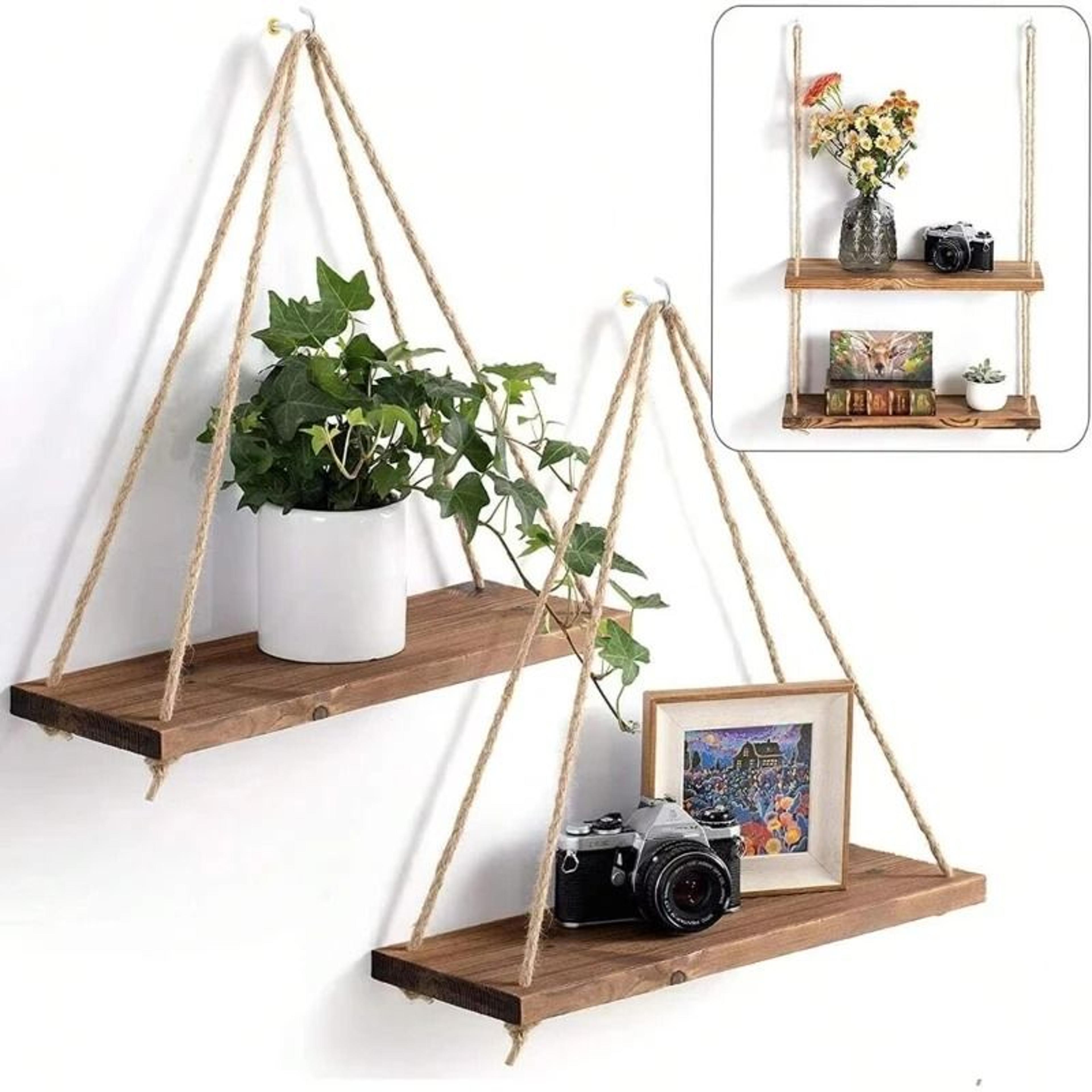 Rustic Wooden Swing Hanging Rope Wall Shelf  Floating Plant Tray Display 8