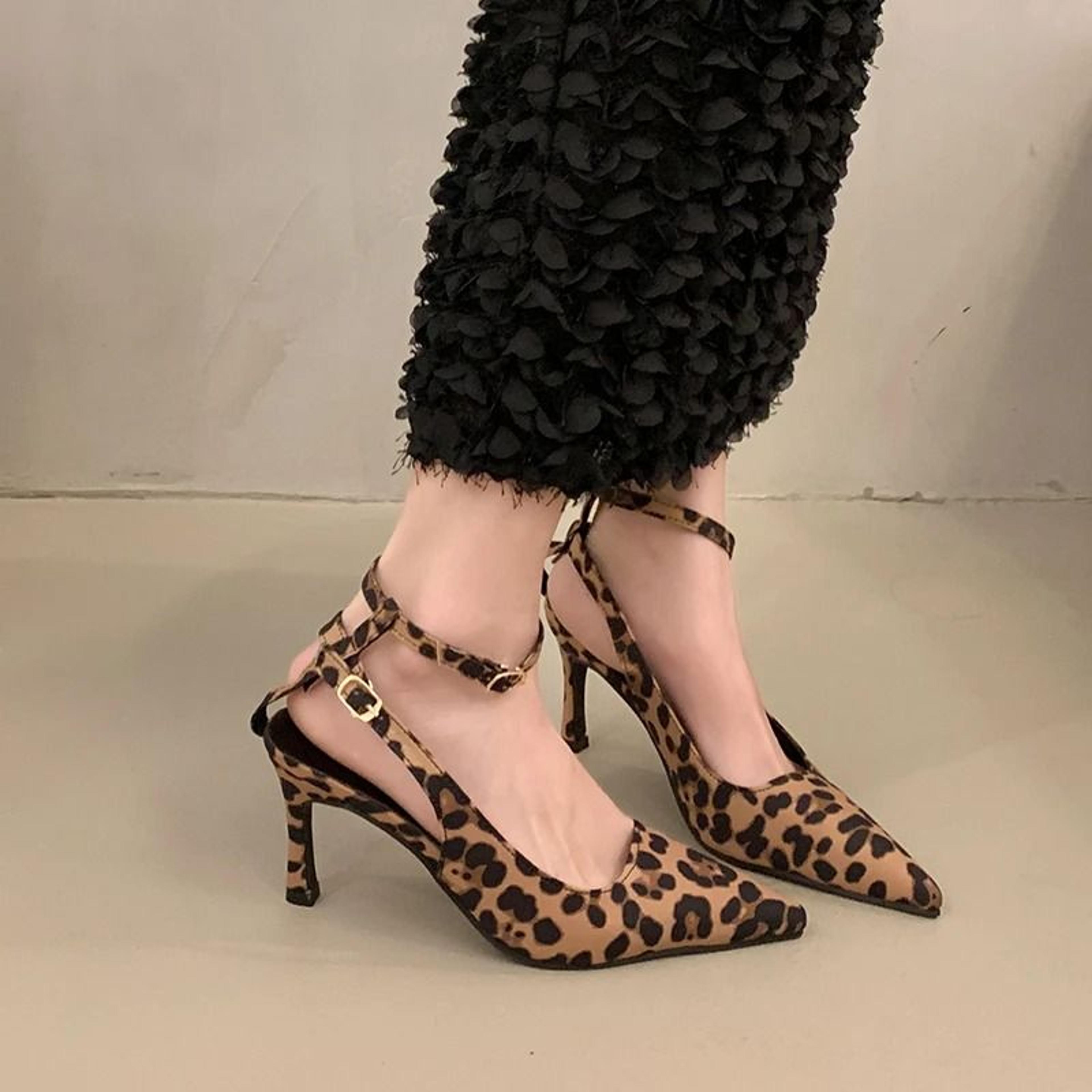 Sexy Leopard Print PointedToe Stiletto Sandals  LaceUp HighHeel Pumps 2