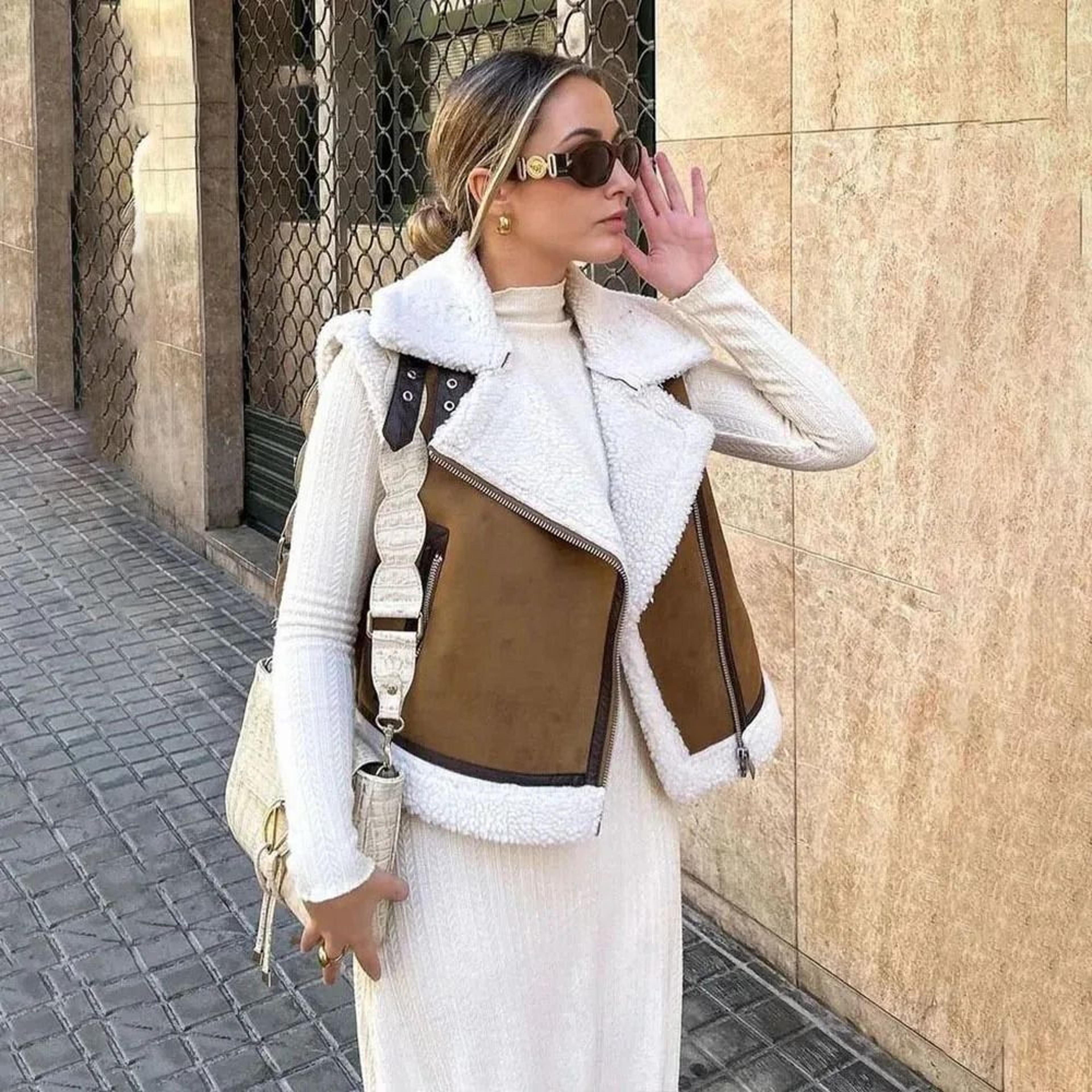 Womens Faux Leather Lambswool Patchwork Warm Vest Coat 1