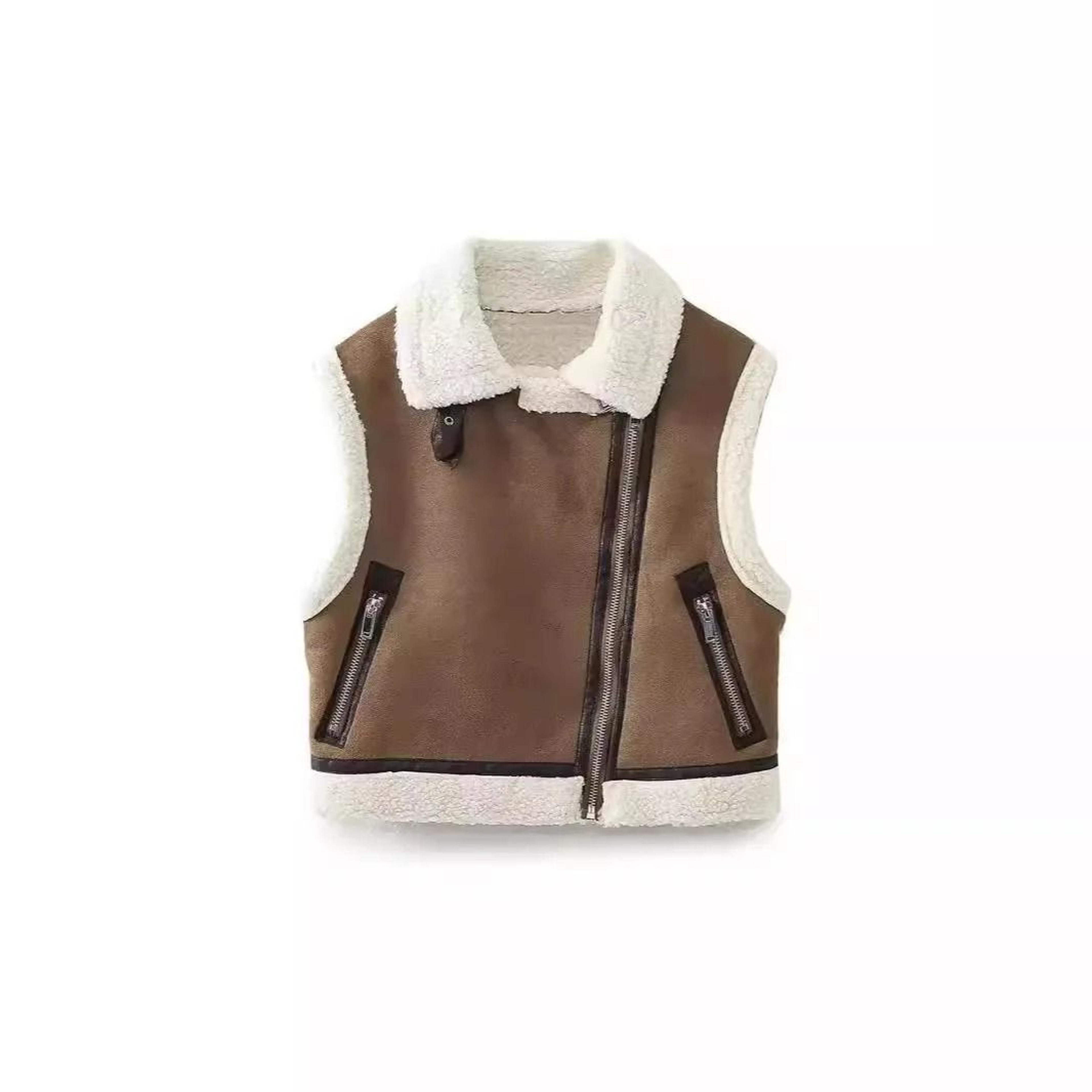 Womens Faux Leather Lambswool Patchwork Warm Vest Coat 5