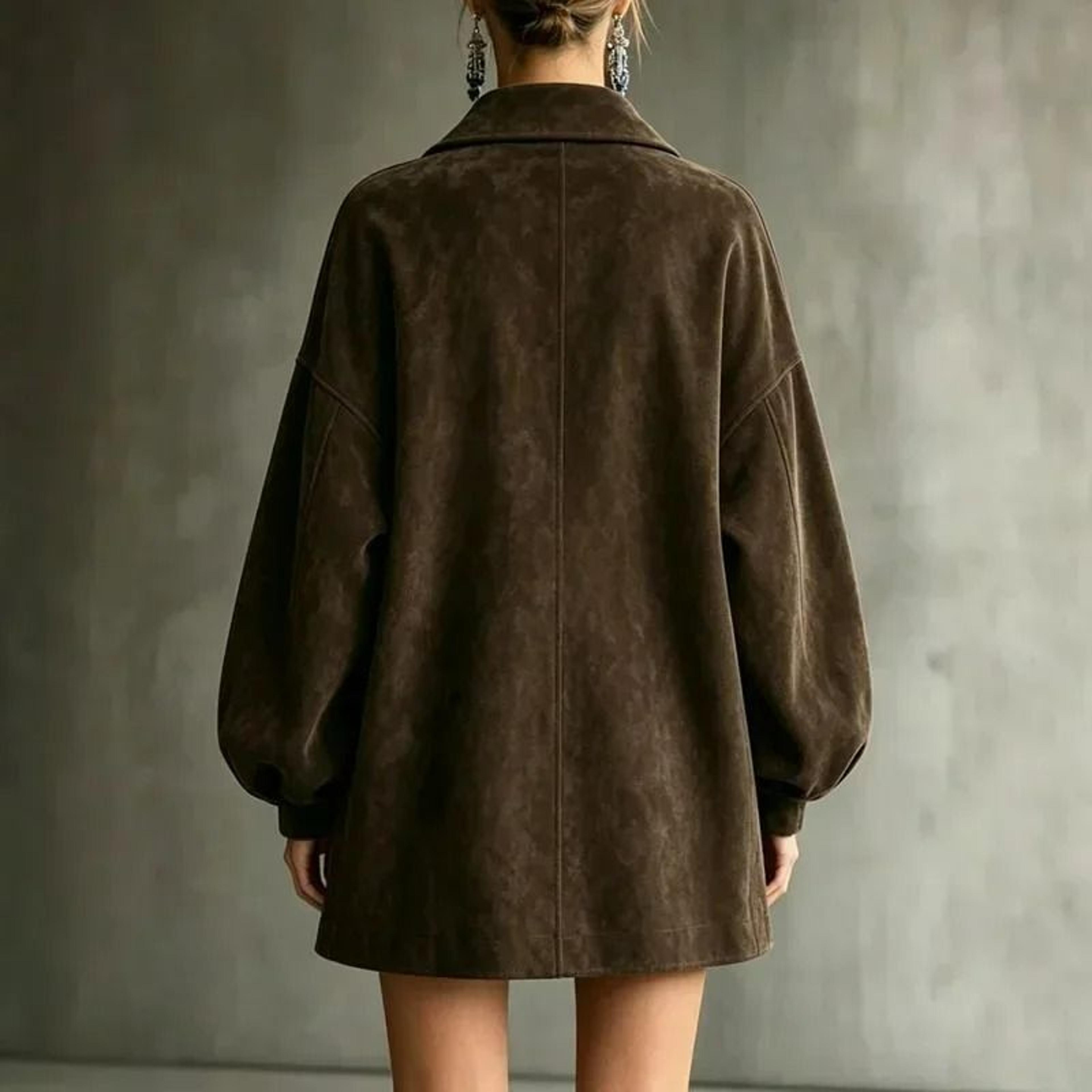 Womens Faux Suede Lantern Sleeve ButtonFront Shirt Coat 3