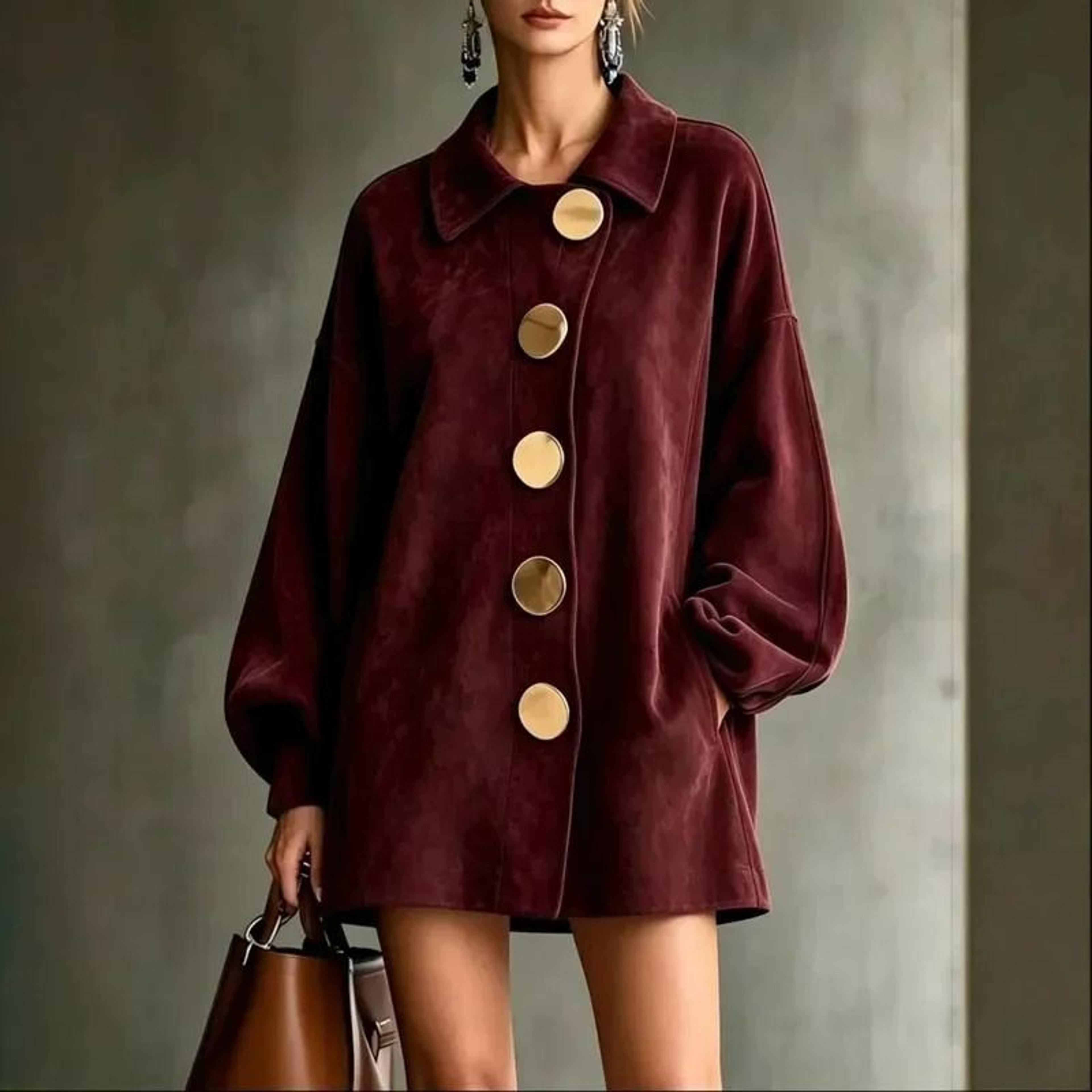 Womens Faux Suede Lantern Sleeve ButtonFront Shirt Coat 7