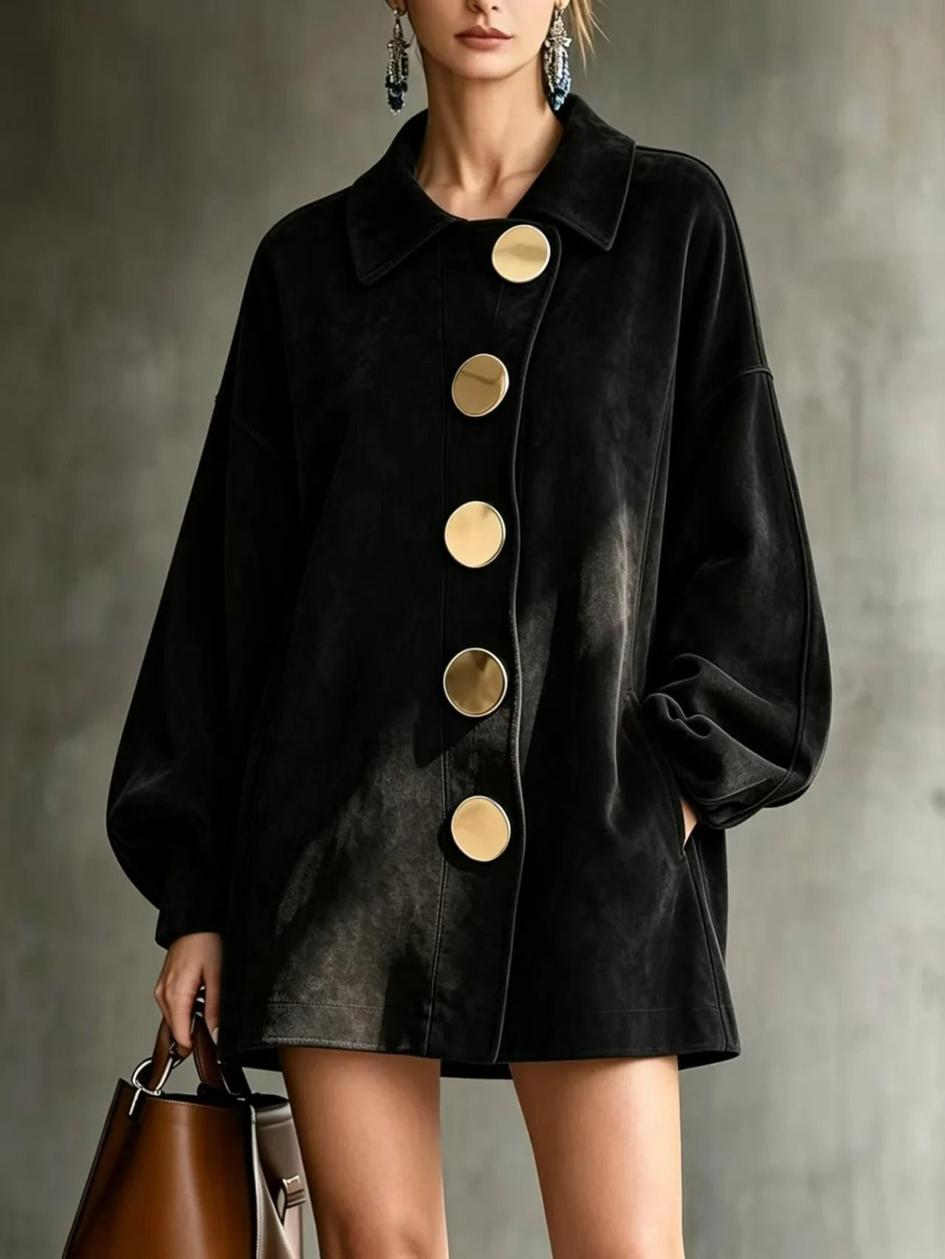 Womens Faux Suede Lantern Sleeve ButtonFront Shirt Coat 10