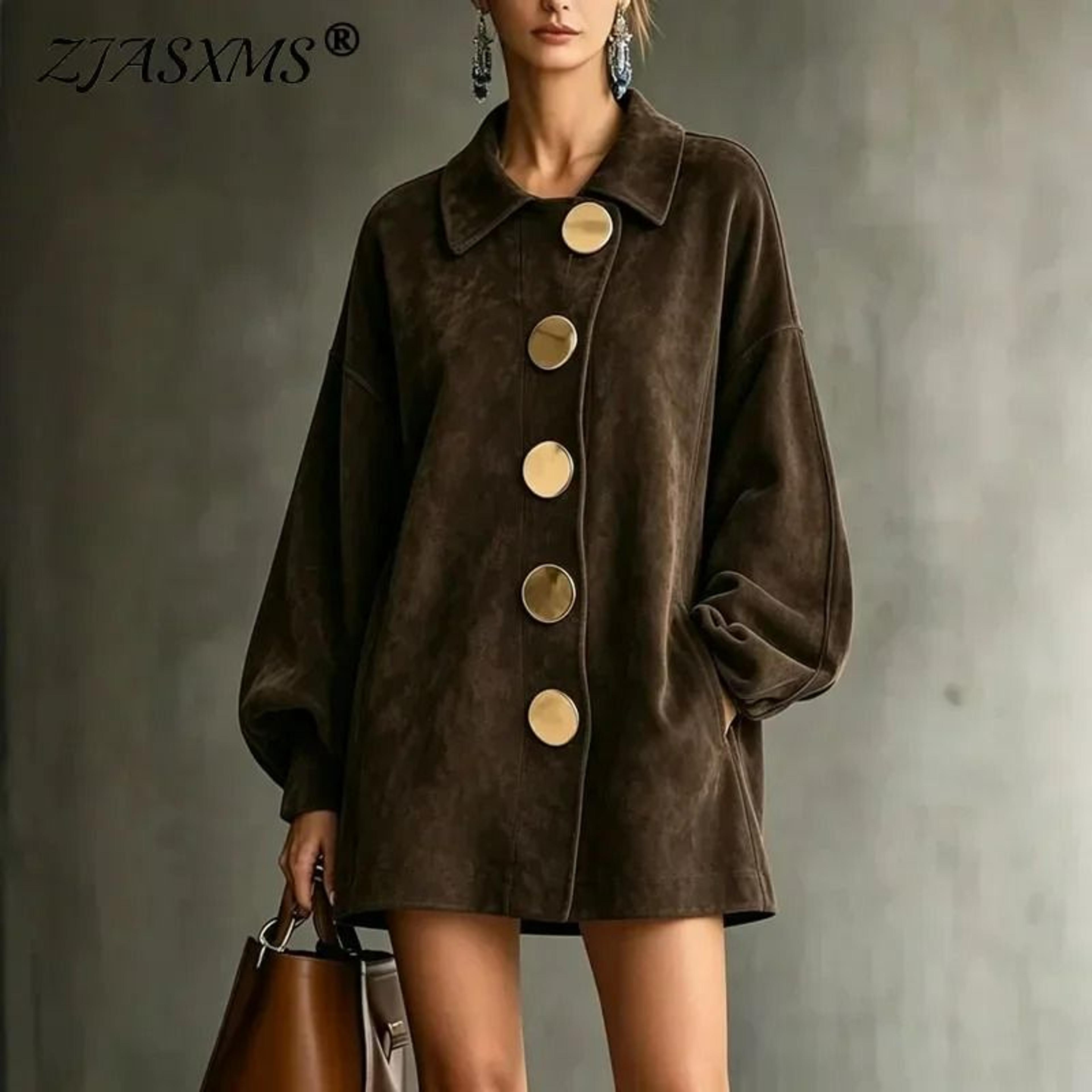 Womens Faux Suede Lantern Sleeve ButtonFront Shirt Coat 1