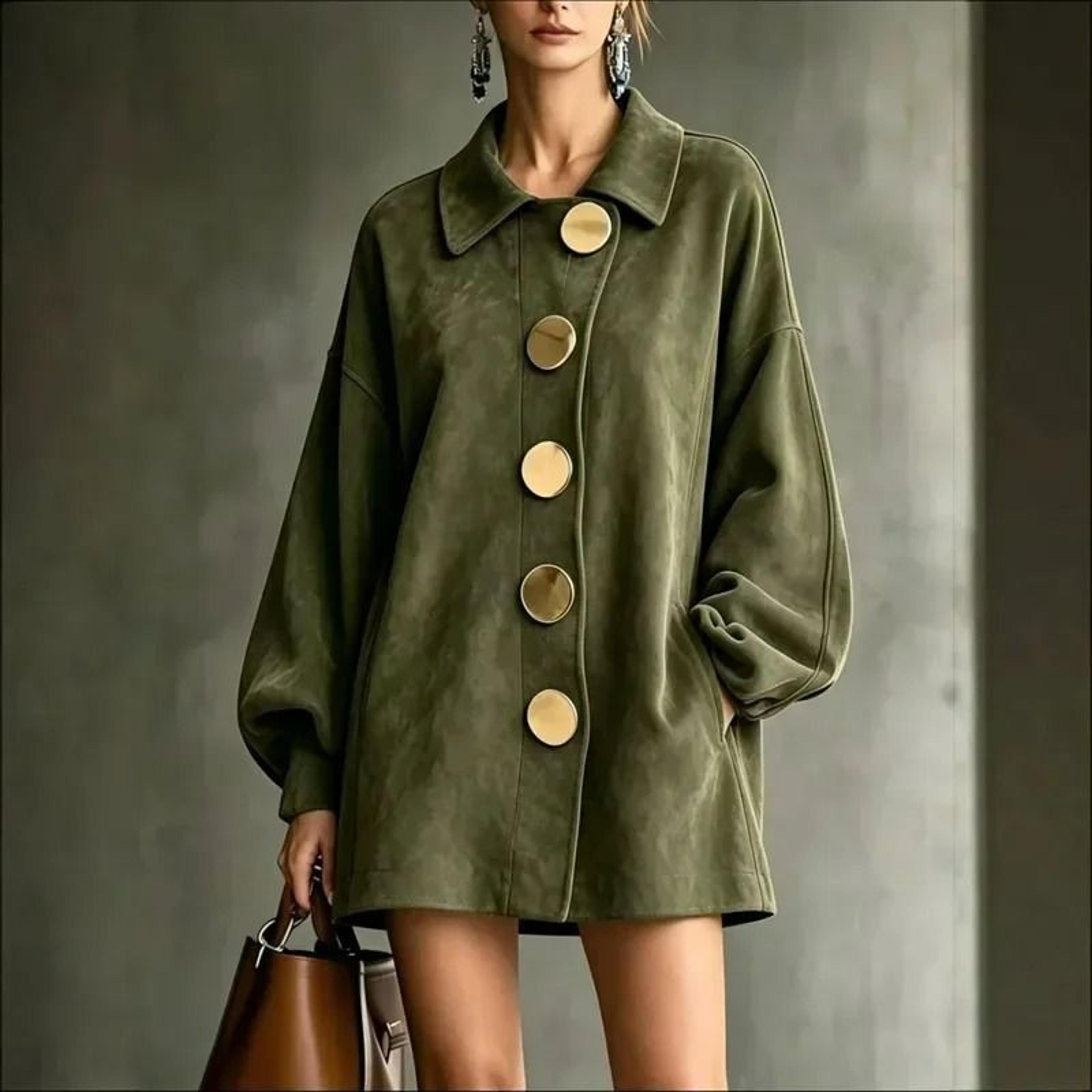 women's faux suede lantern sleeve button-front shirt coat