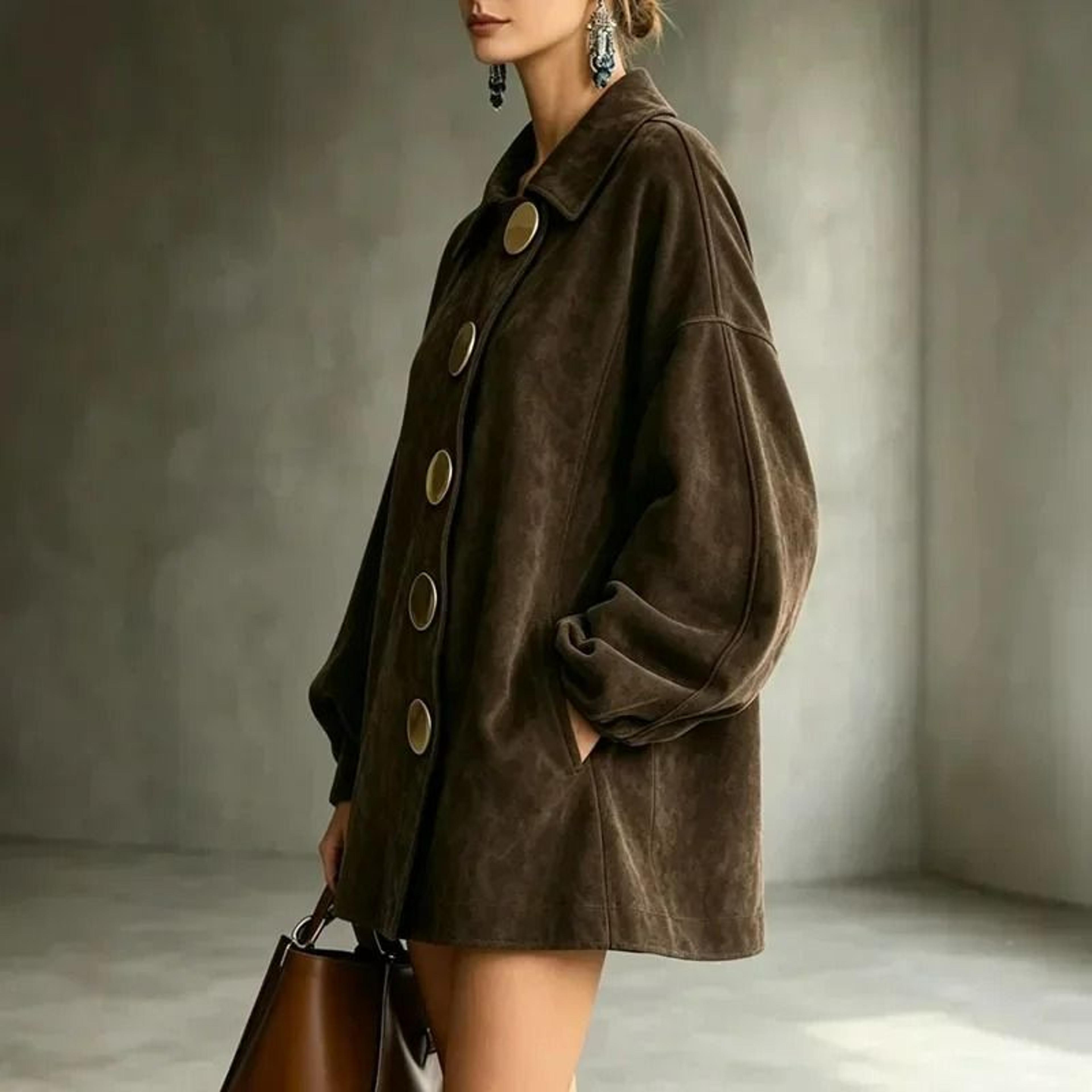 Womens Faux Suede Lantern Sleeve ButtonFront Shirt Coat 2
