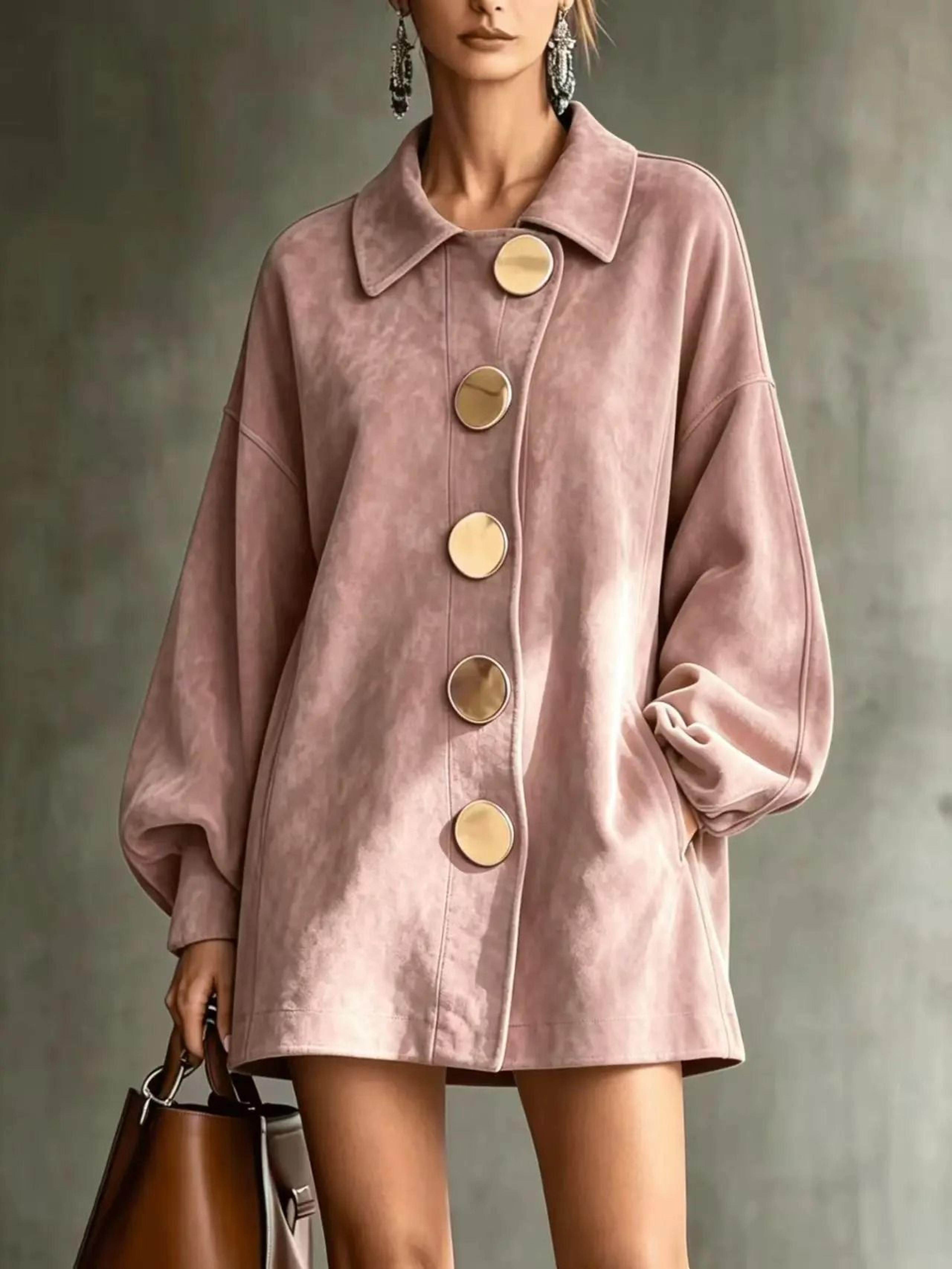 Womens Faux Suede Lantern Sleeve ButtonFront Shirt Coat 13