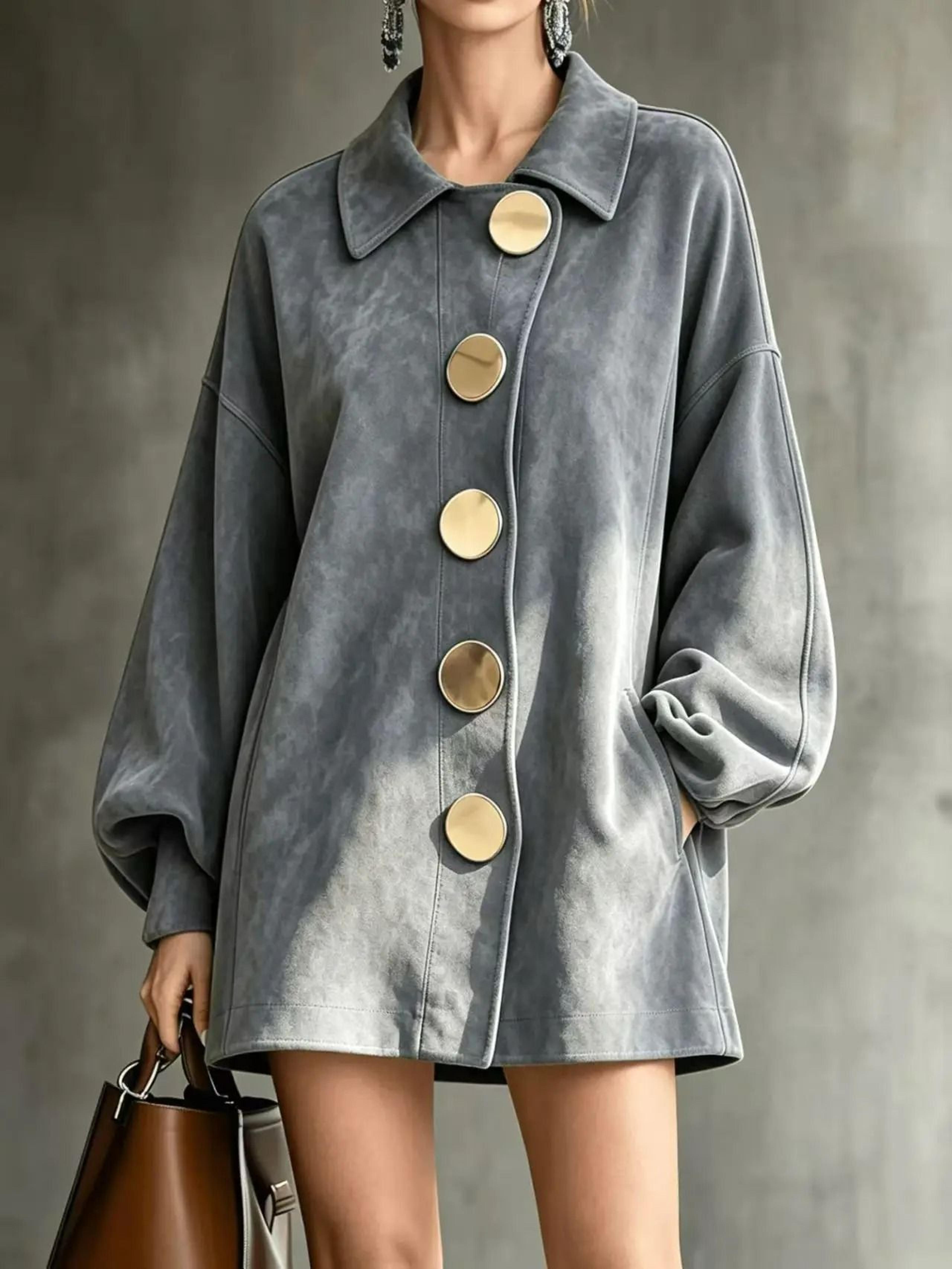 Womens Faux Suede Lantern Sleeve ButtonFront Shirt Coat 12