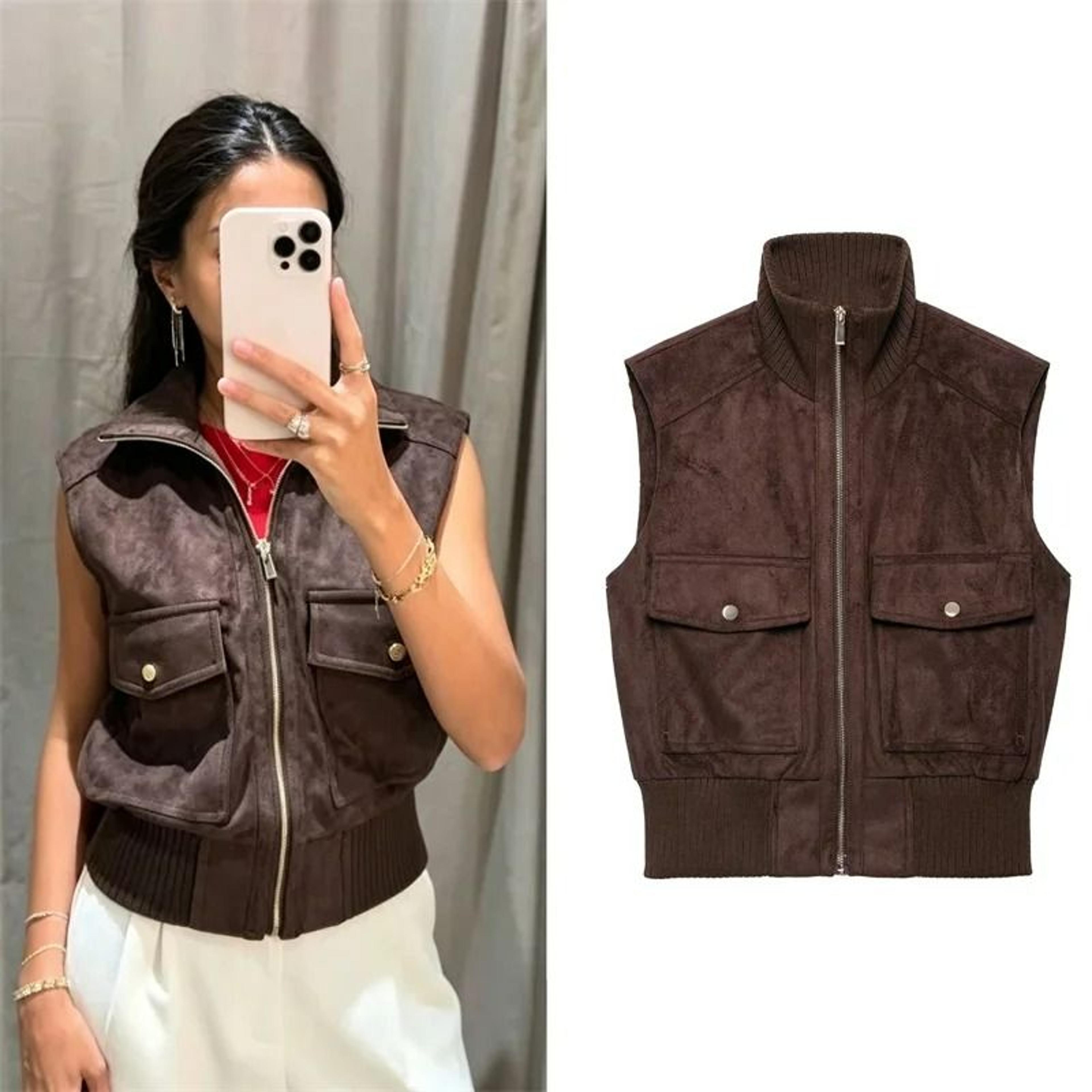 women's suede-texture stand collar zip-up vest