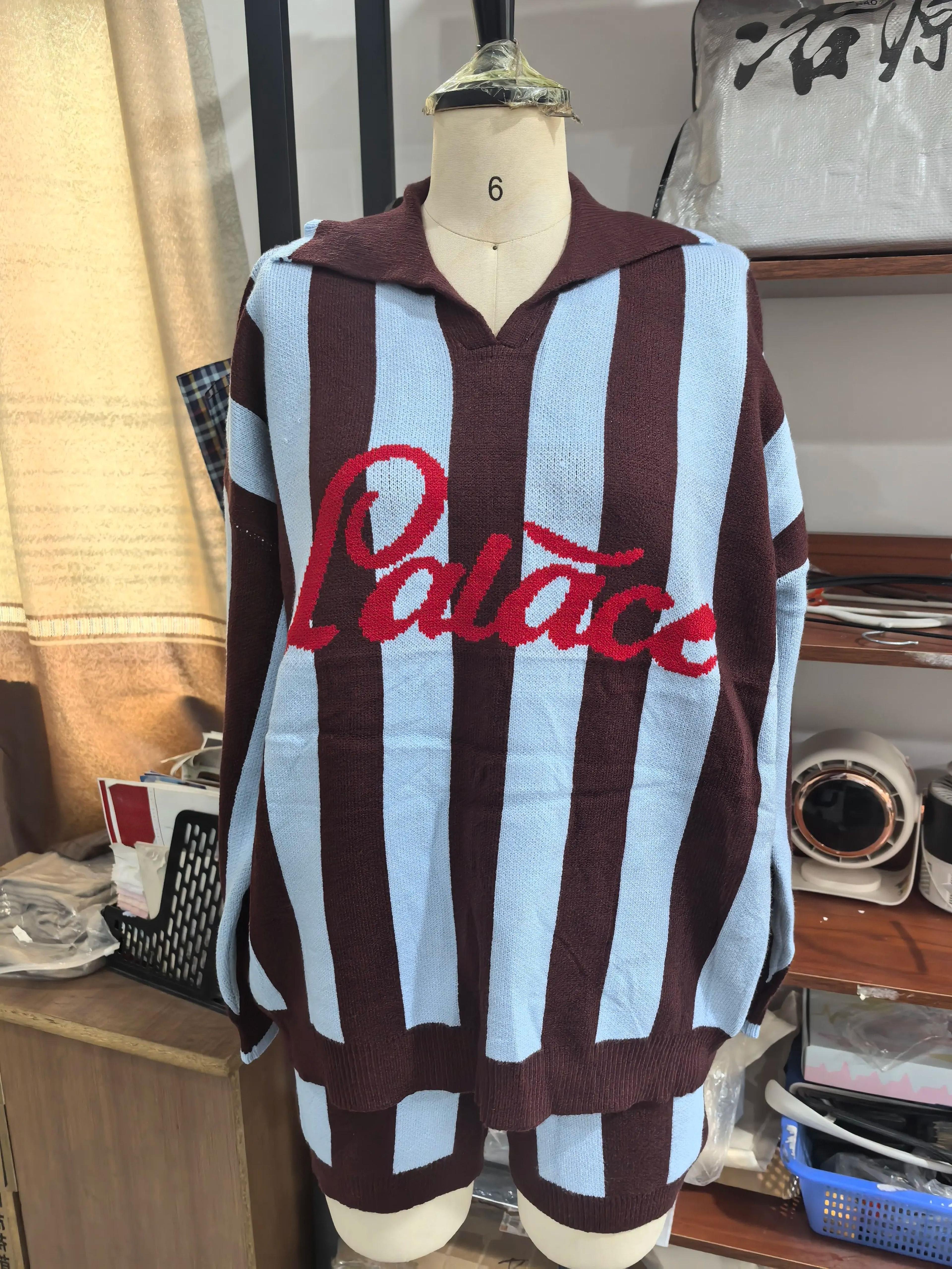 Womens Striped Letter Jacquard Knit Sweater  Shorts Set 6