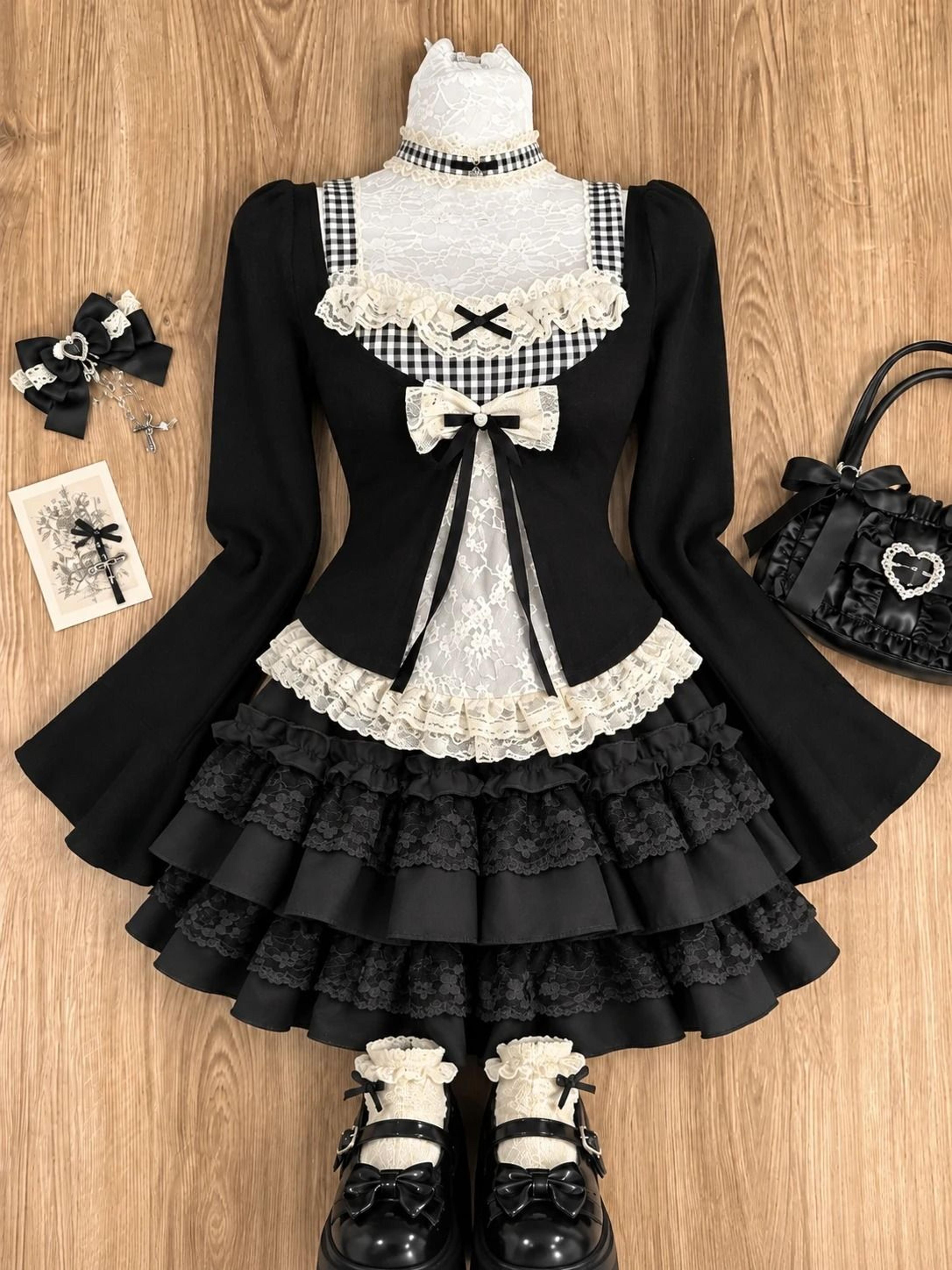 Japanese Sweet Preppy Lace Bow Blouse  Plaid Mini Skirt Set 3