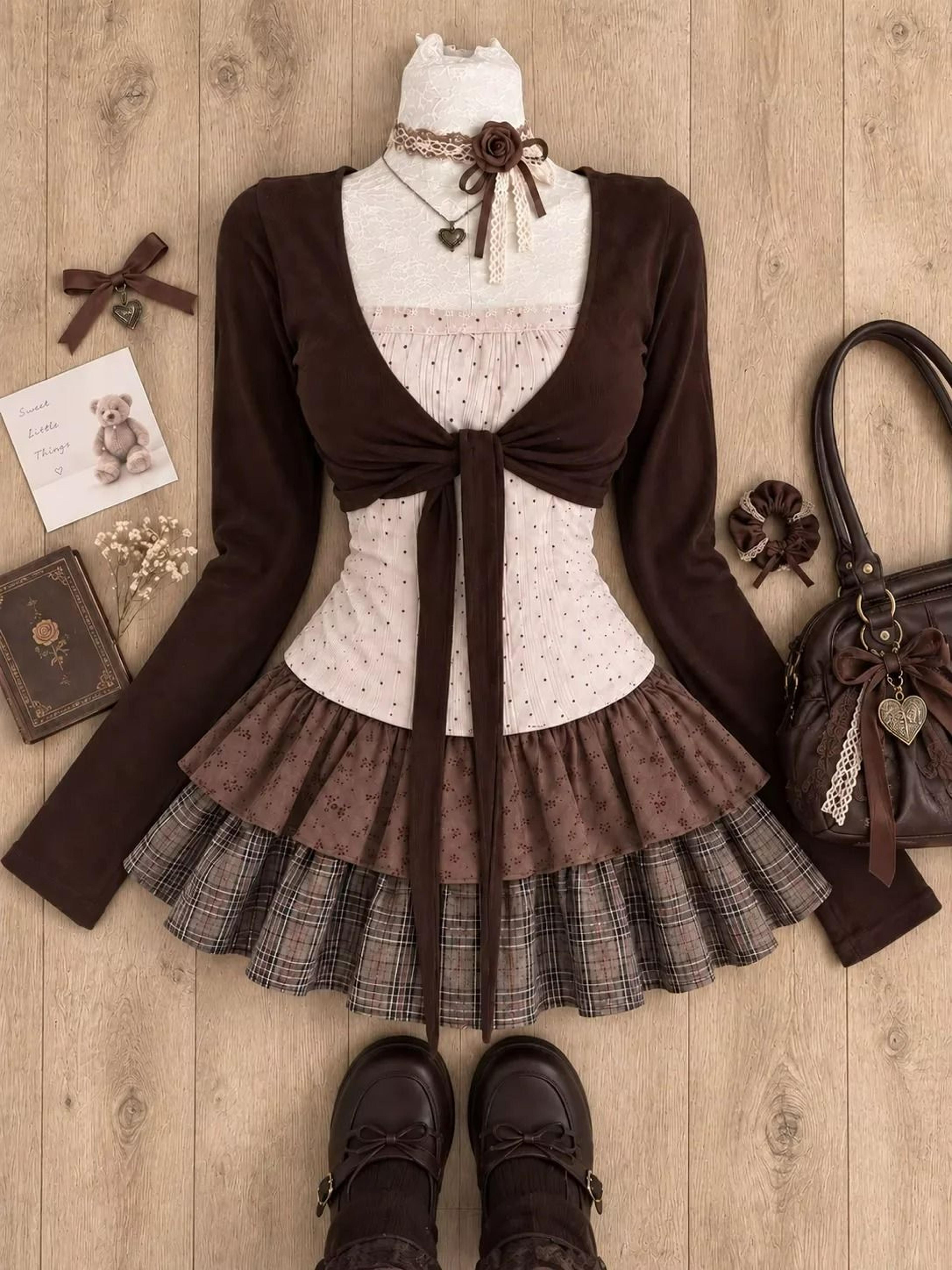 Japanese Sweet Preppy Lace Bow Blouse  Plaid Mini Skirt Set 2