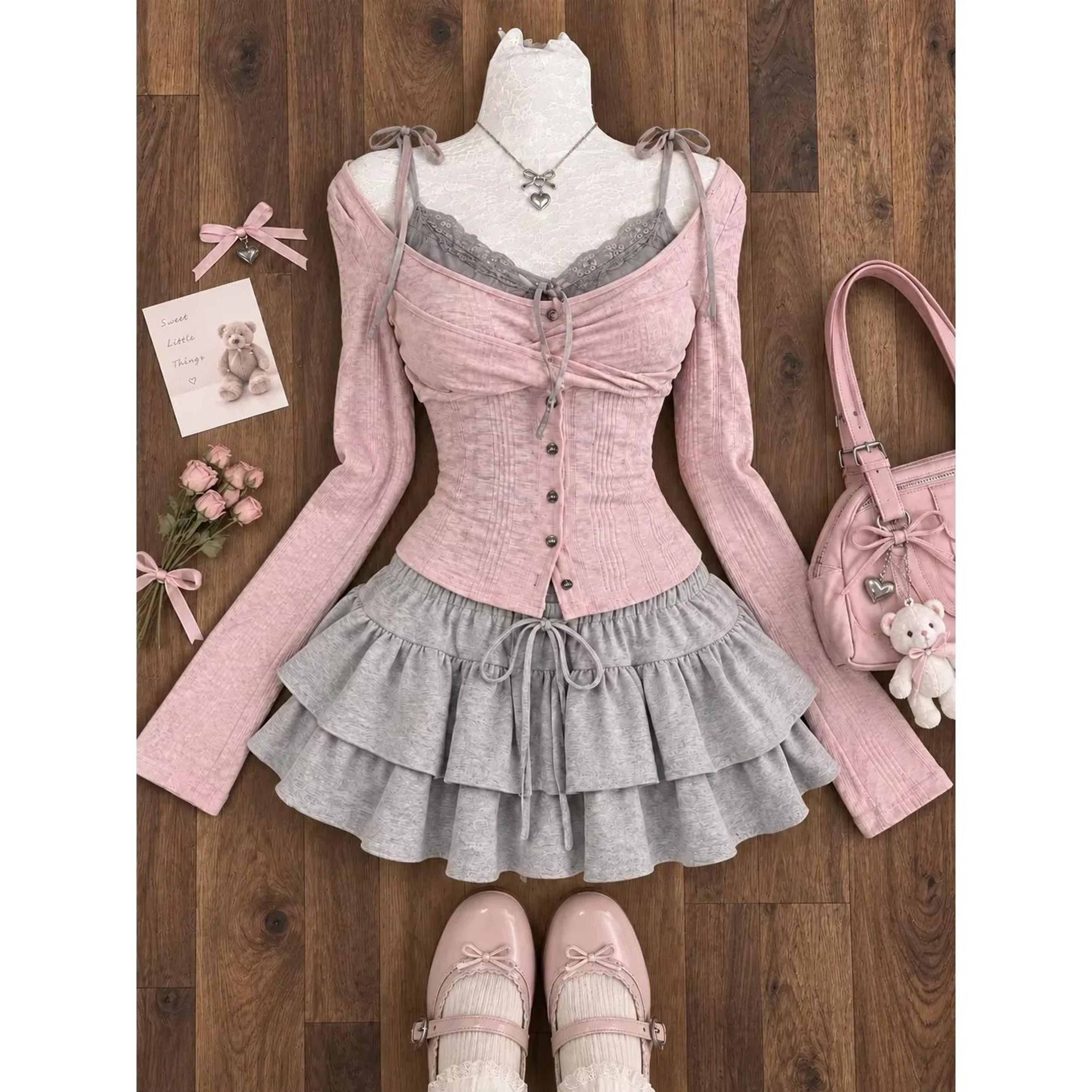 japanese sweet preppy lace bow blouse & plaid mini skirt set