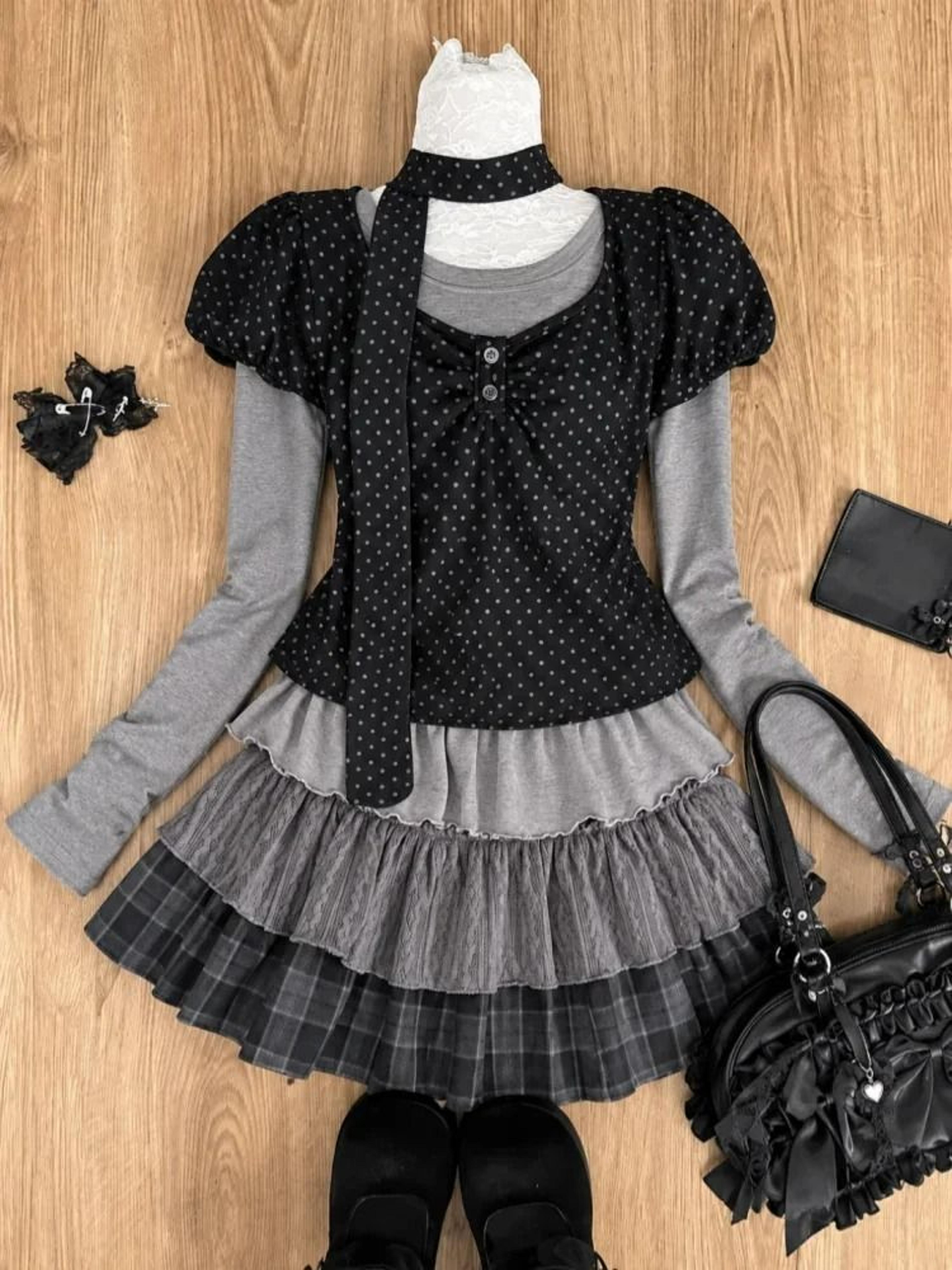 Japanese Sweet Preppy Lace Bow Blouse  Plaid Mini Skirt Set 17
