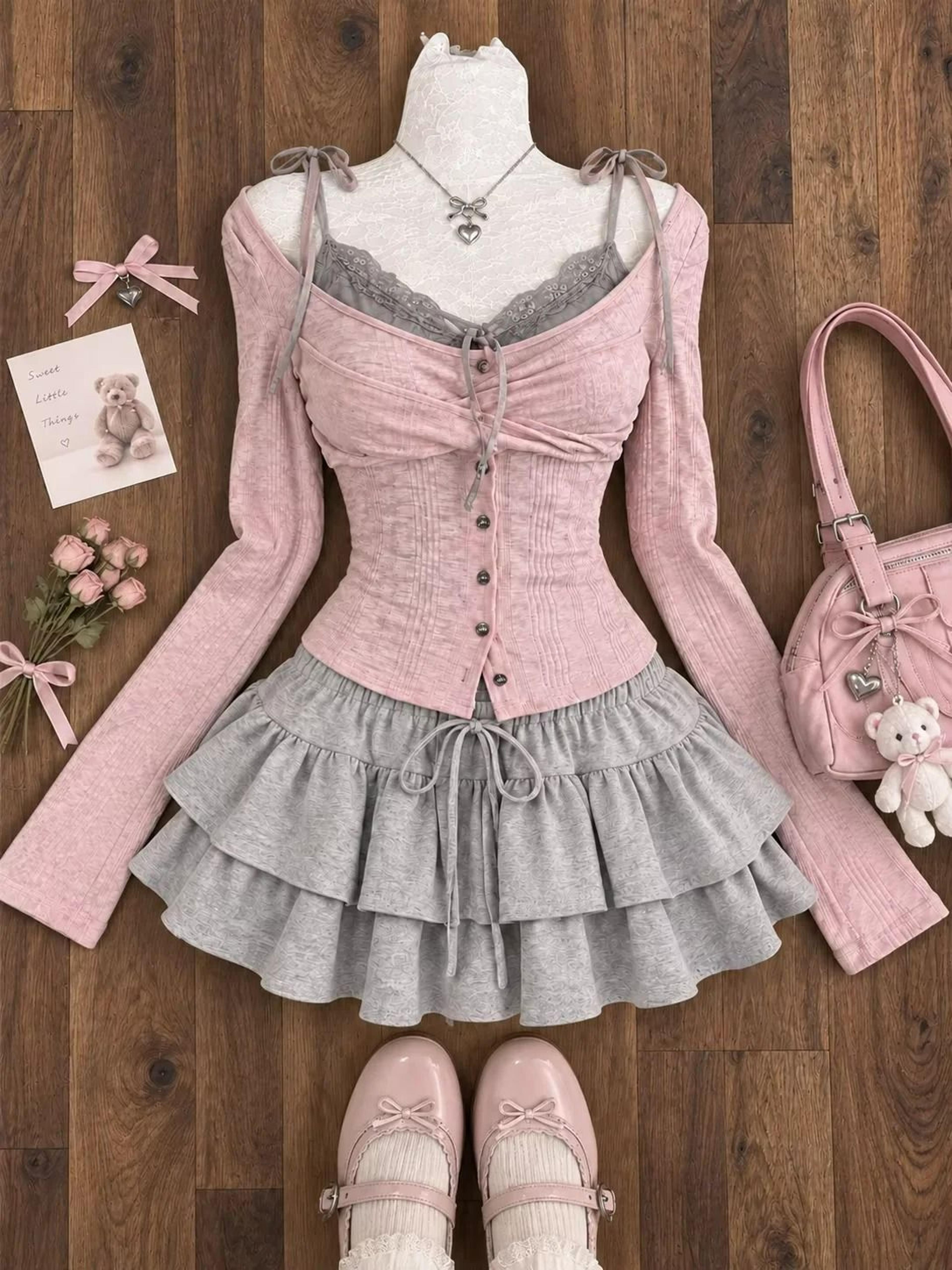 Japanese Sweet Preppy Lace Bow Blouse  Plaid Mini Skirt Set 8