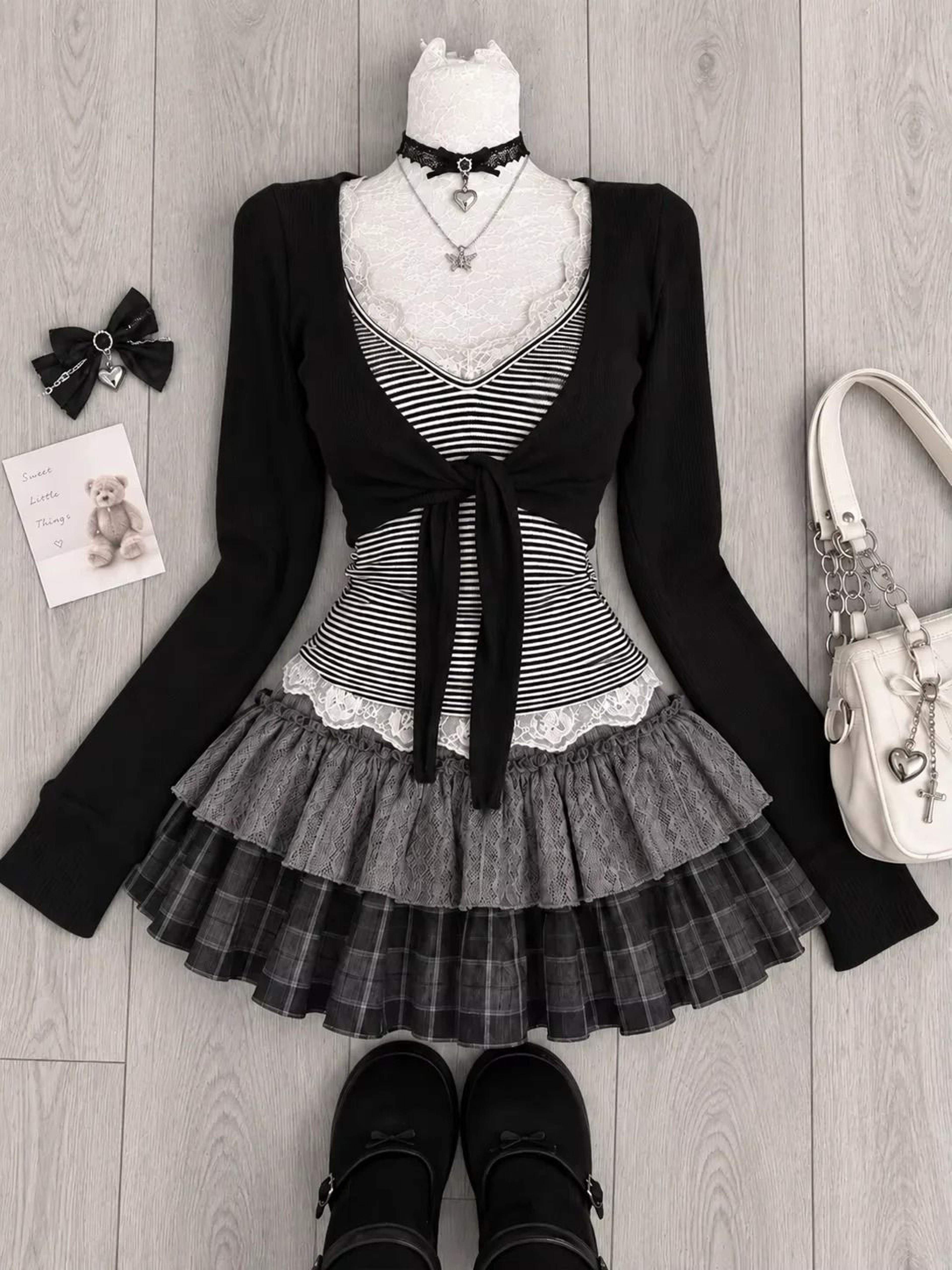 Japanese Sweet Preppy Lace Bow Blouse  Plaid Mini Skirt Set 6