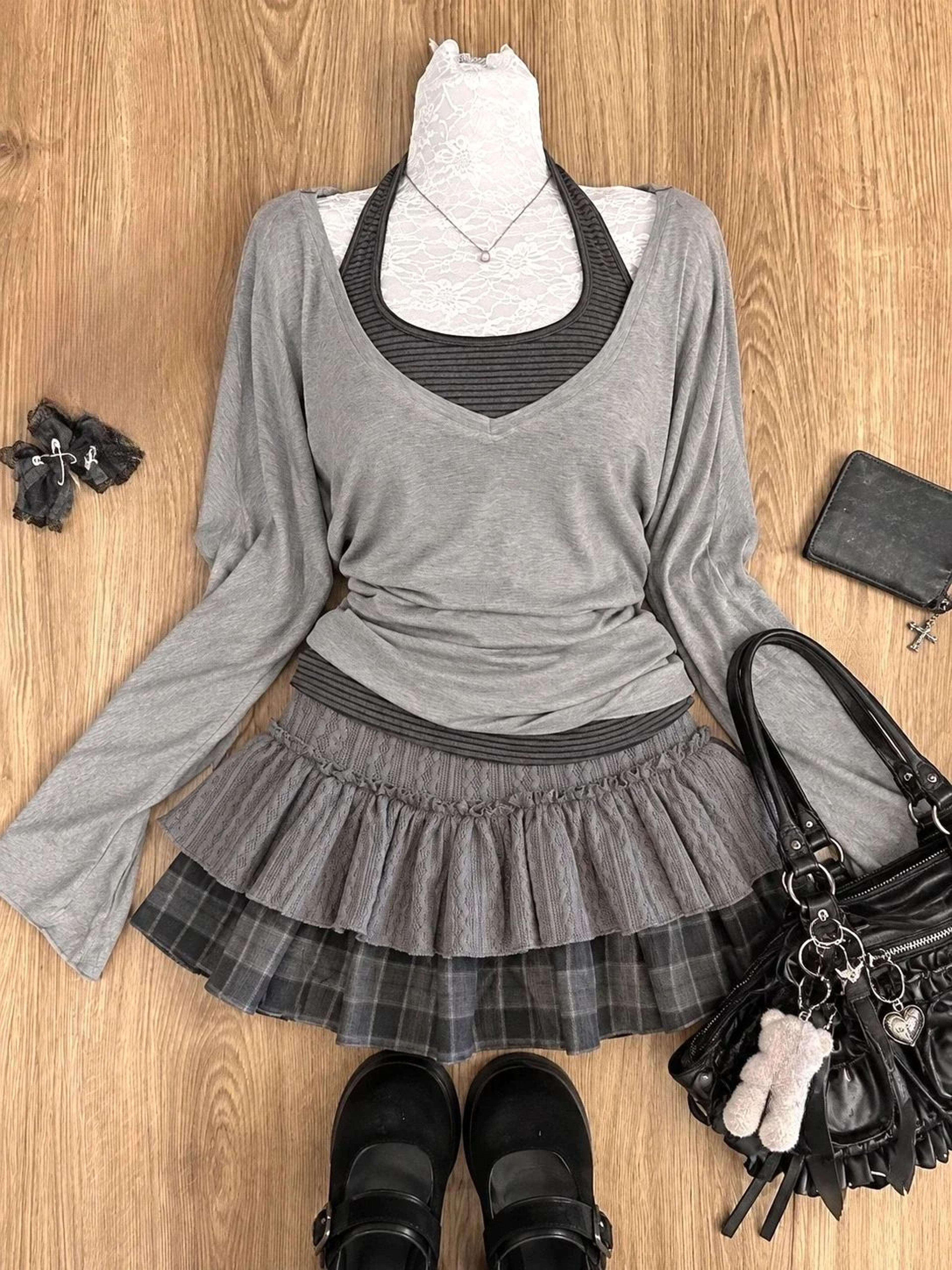Japanese Sweet Preppy Lace Bow Blouse  Plaid Mini Skirt Set 10