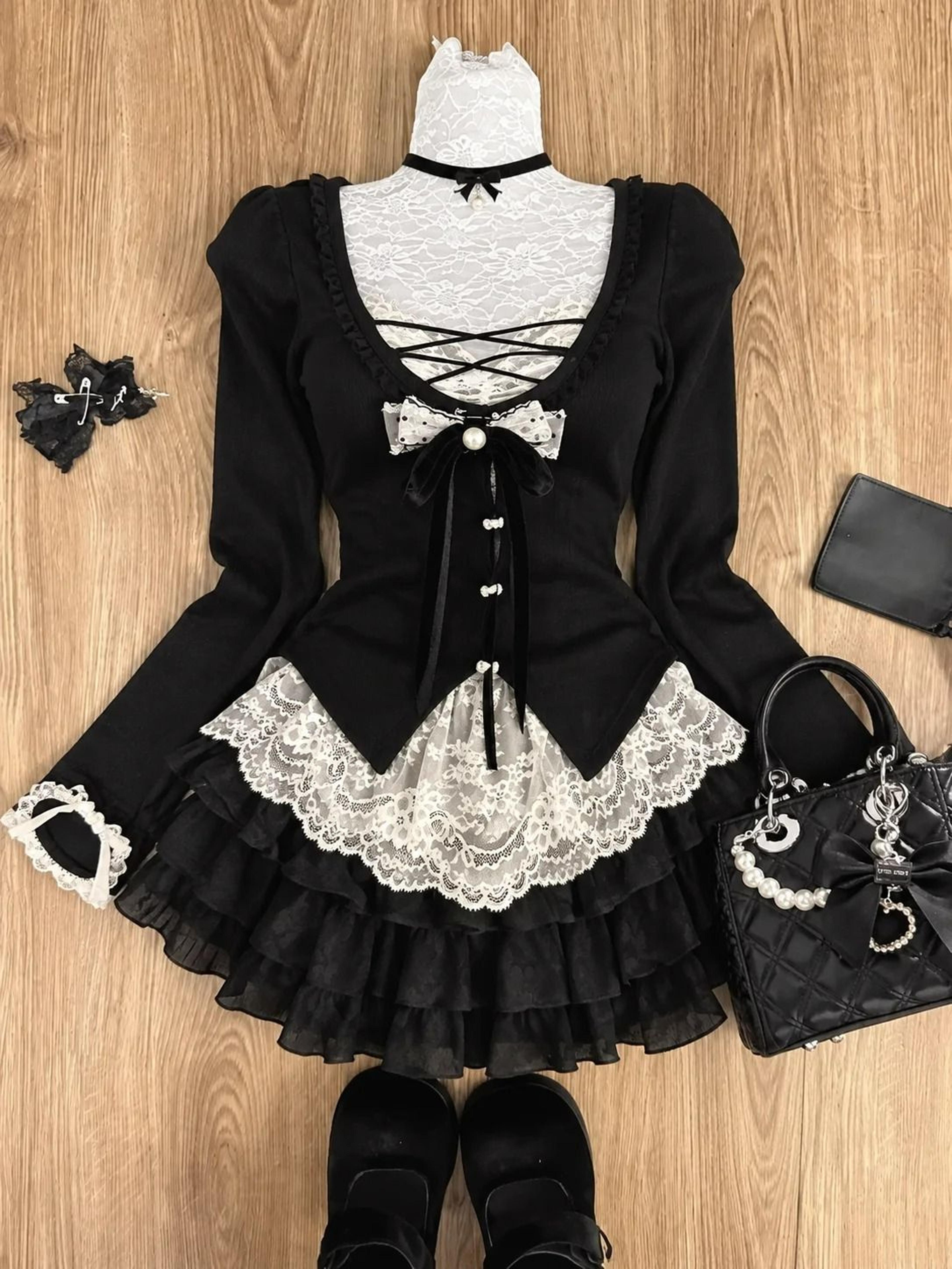 Japanese Sweet Preppy Lace Bow Blouse  Plaid Mini Skirt Set 9