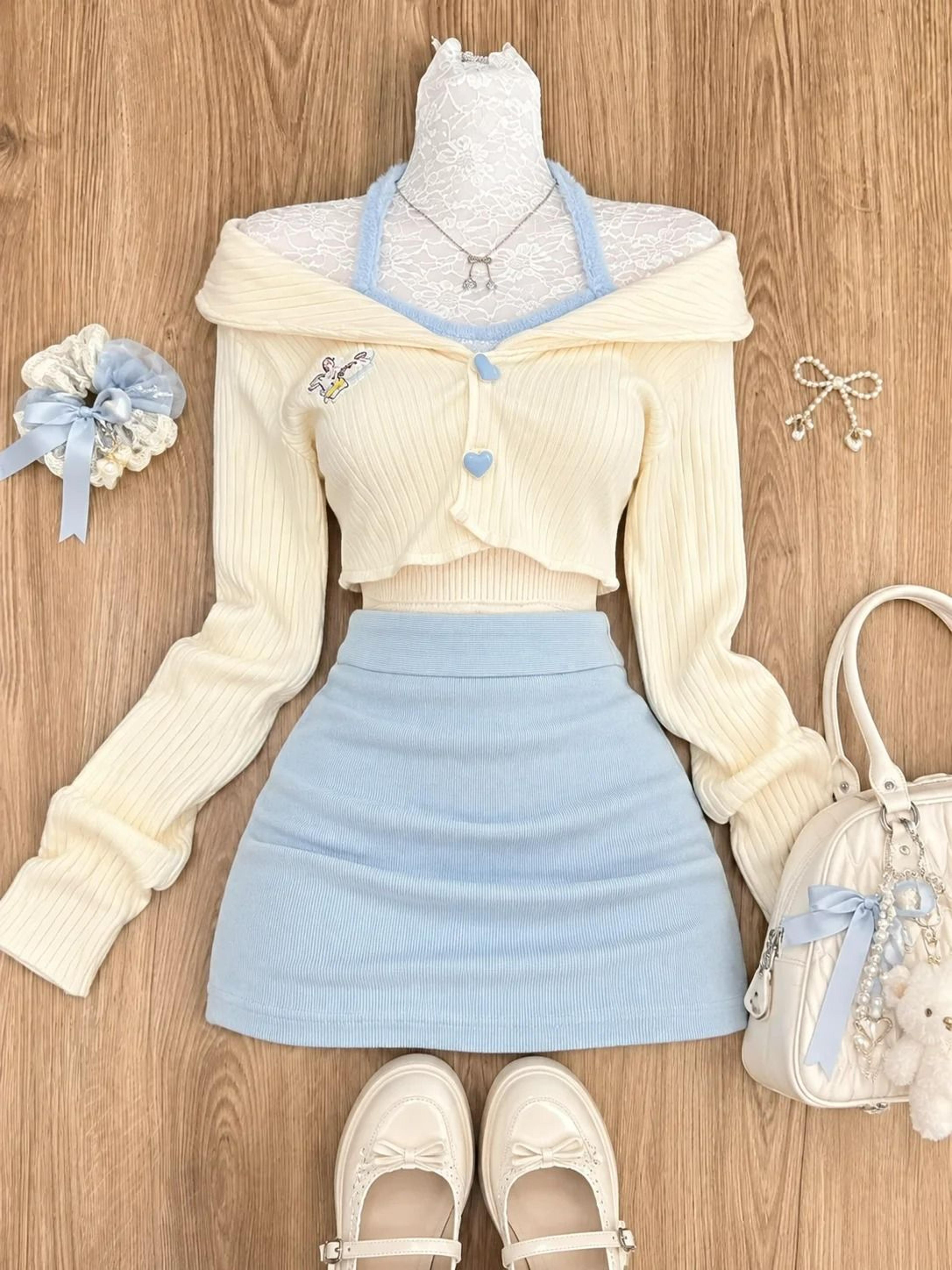 Japanese Sweet Preppy Lace Bow Blouse  Plaid Mini Skirt Set 18