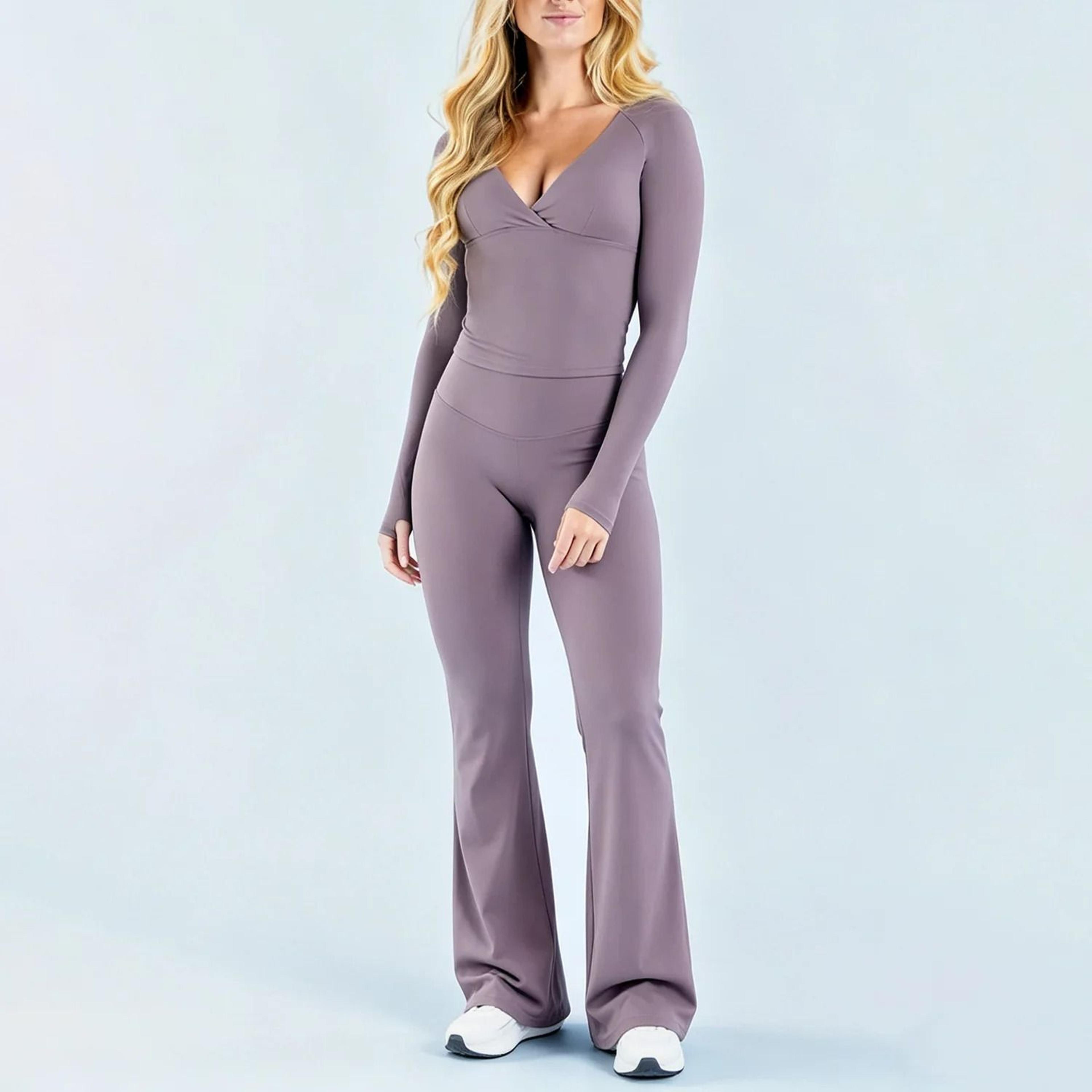 Womens DeepV Long Sleeve Top  Flare Leggings 2Piece Activewear Set 5