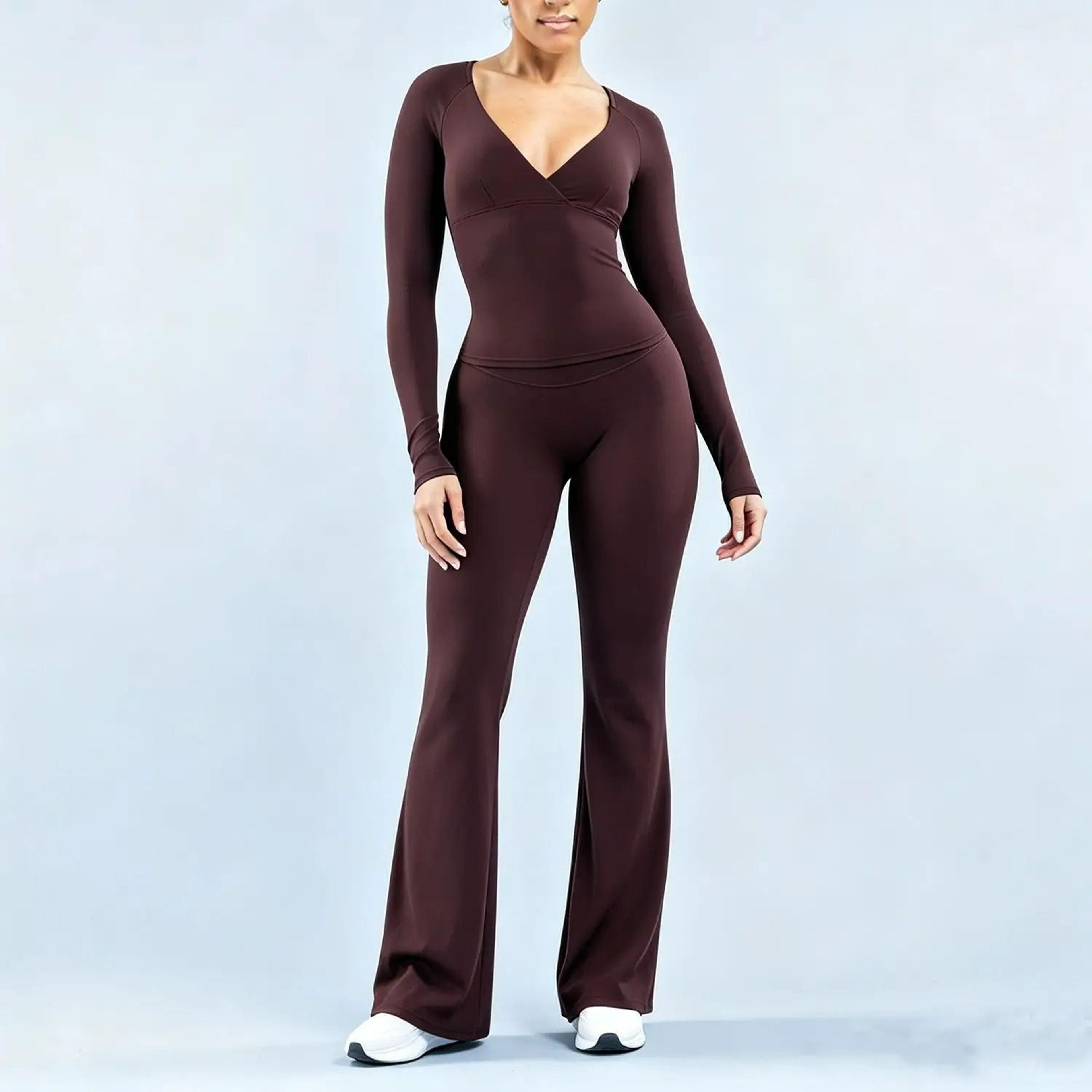 Womens DeepV Long Sleeve Top  Flare Leggings 2Piece Activewear Set 3