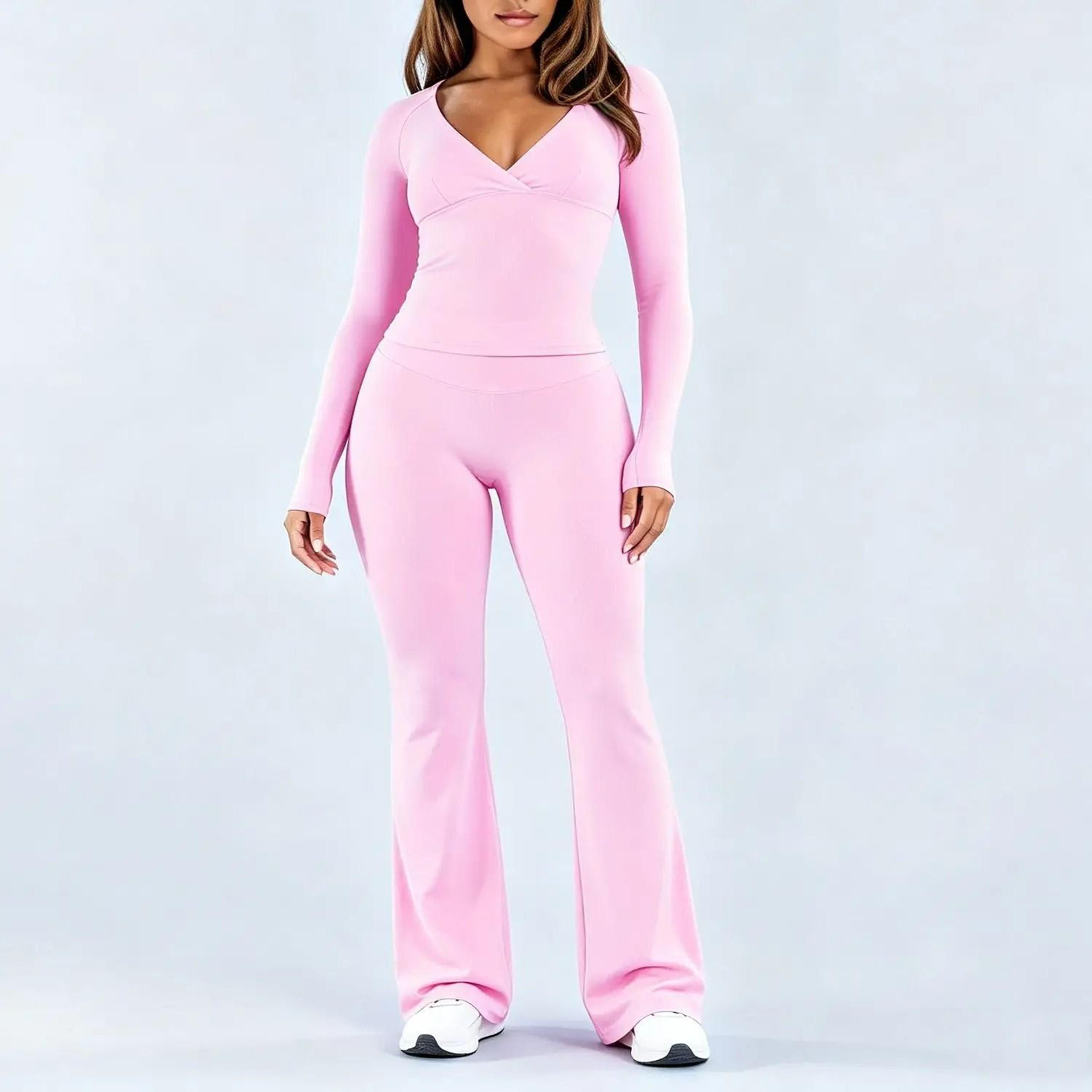 Womens DeepV Long Sleeve Top  Flare Leggings 2Piece Activewear Set 2