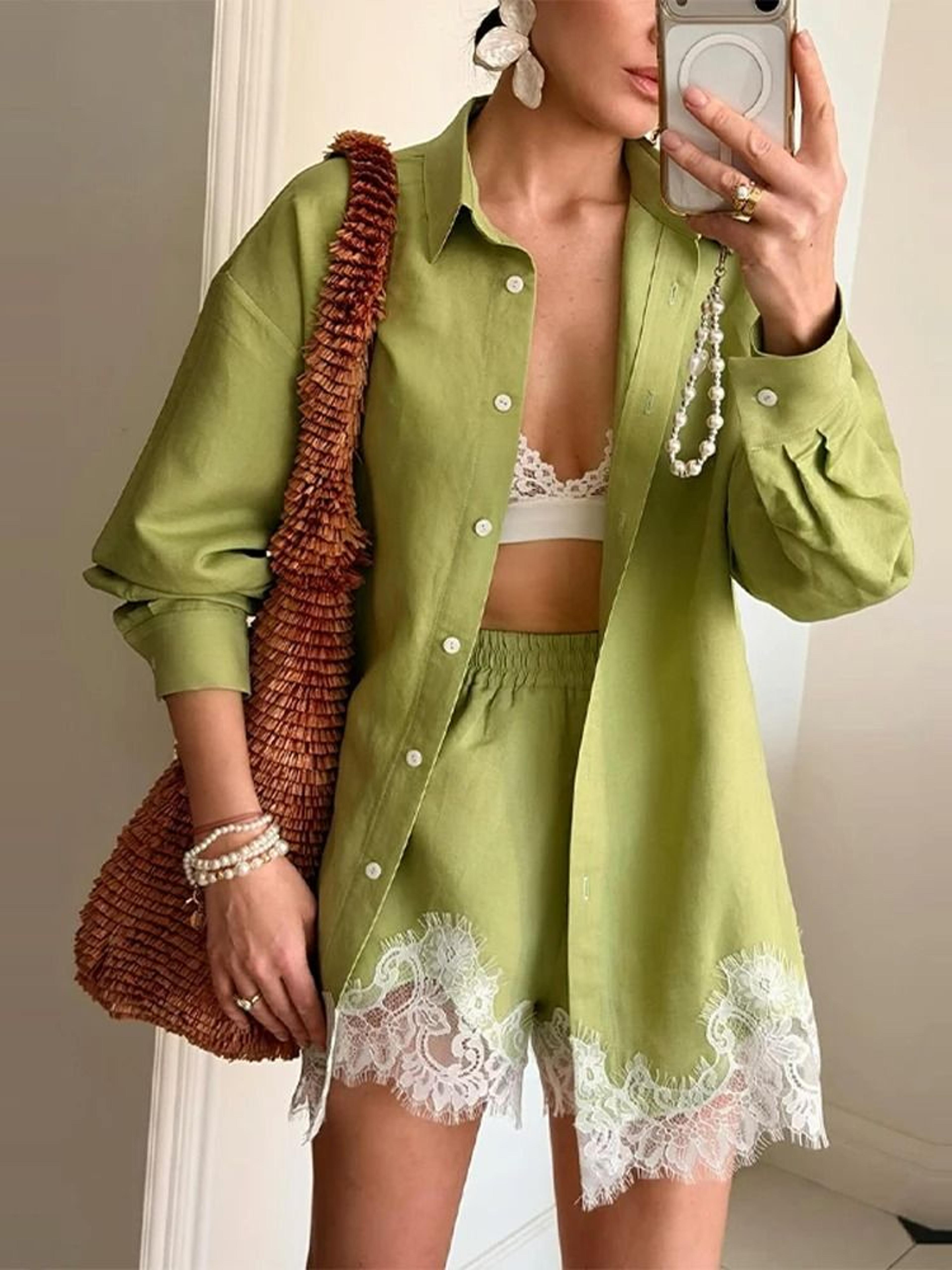 Womens Lace Patchwork ButtonDown Shirt  Shorts Beach Set 4
