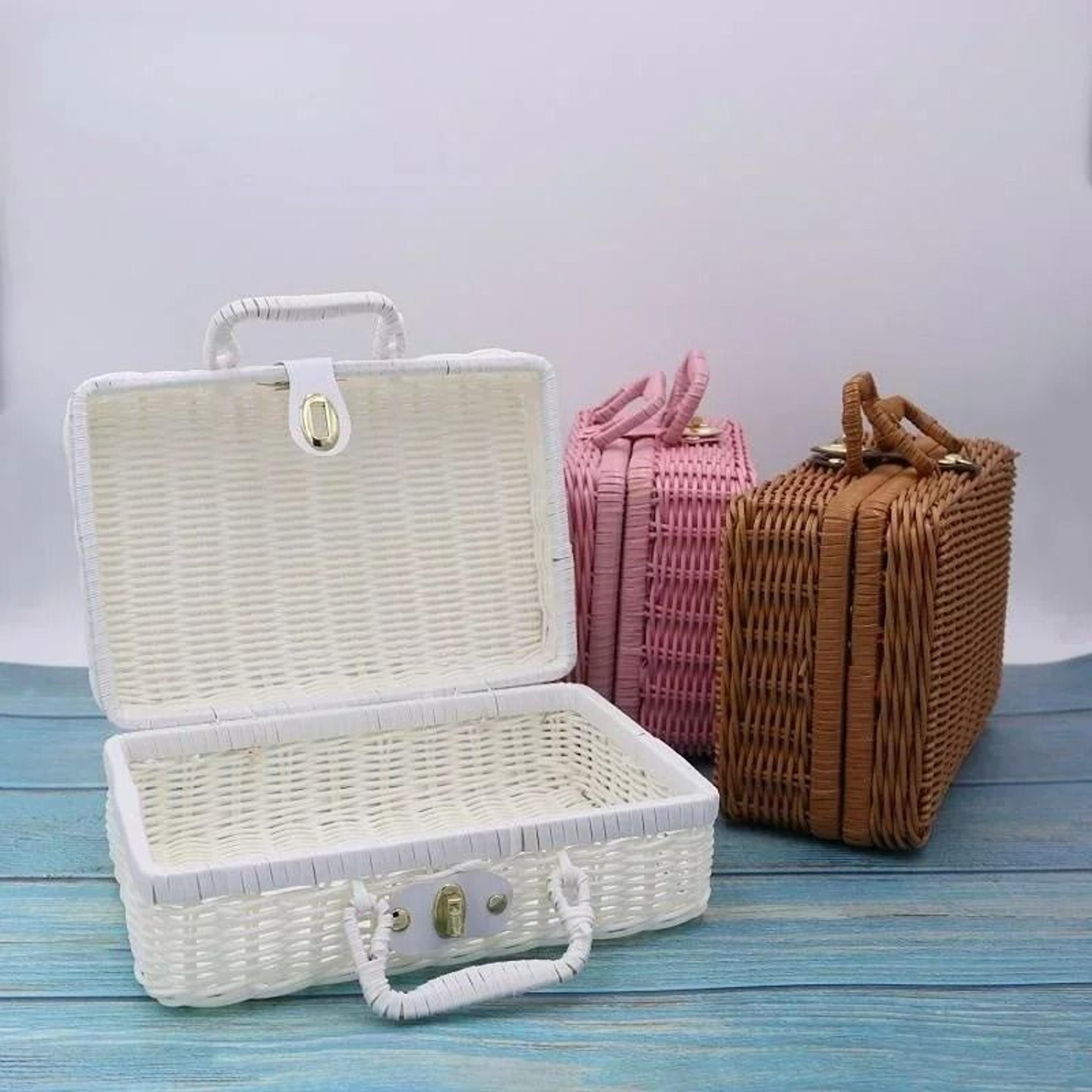 retro rattan-like woven suitcase storage box & decorative prop basket with handle