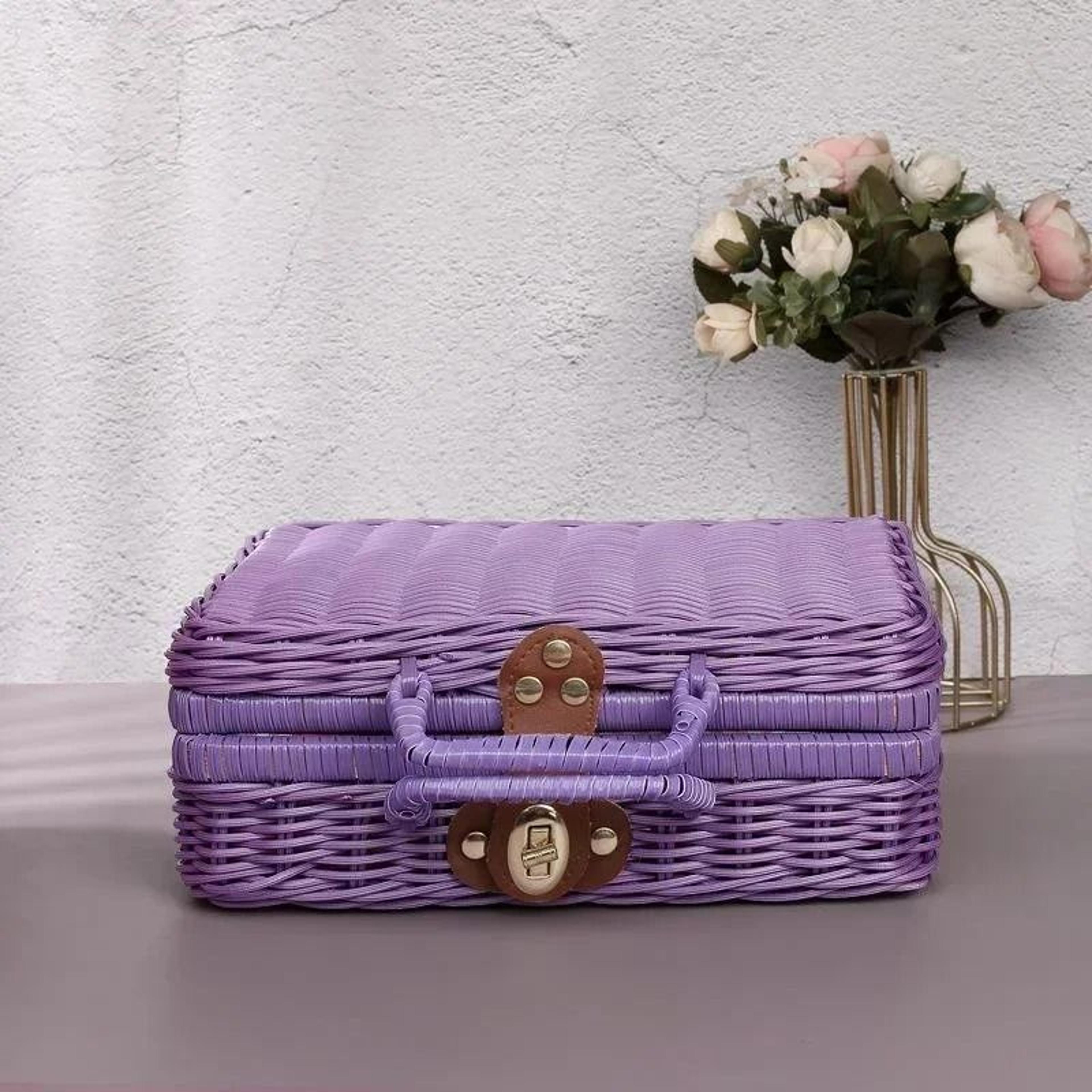 Retro RattanLike Woven Suitcase Storage Box  Decorative Prop Basket With Handle 11