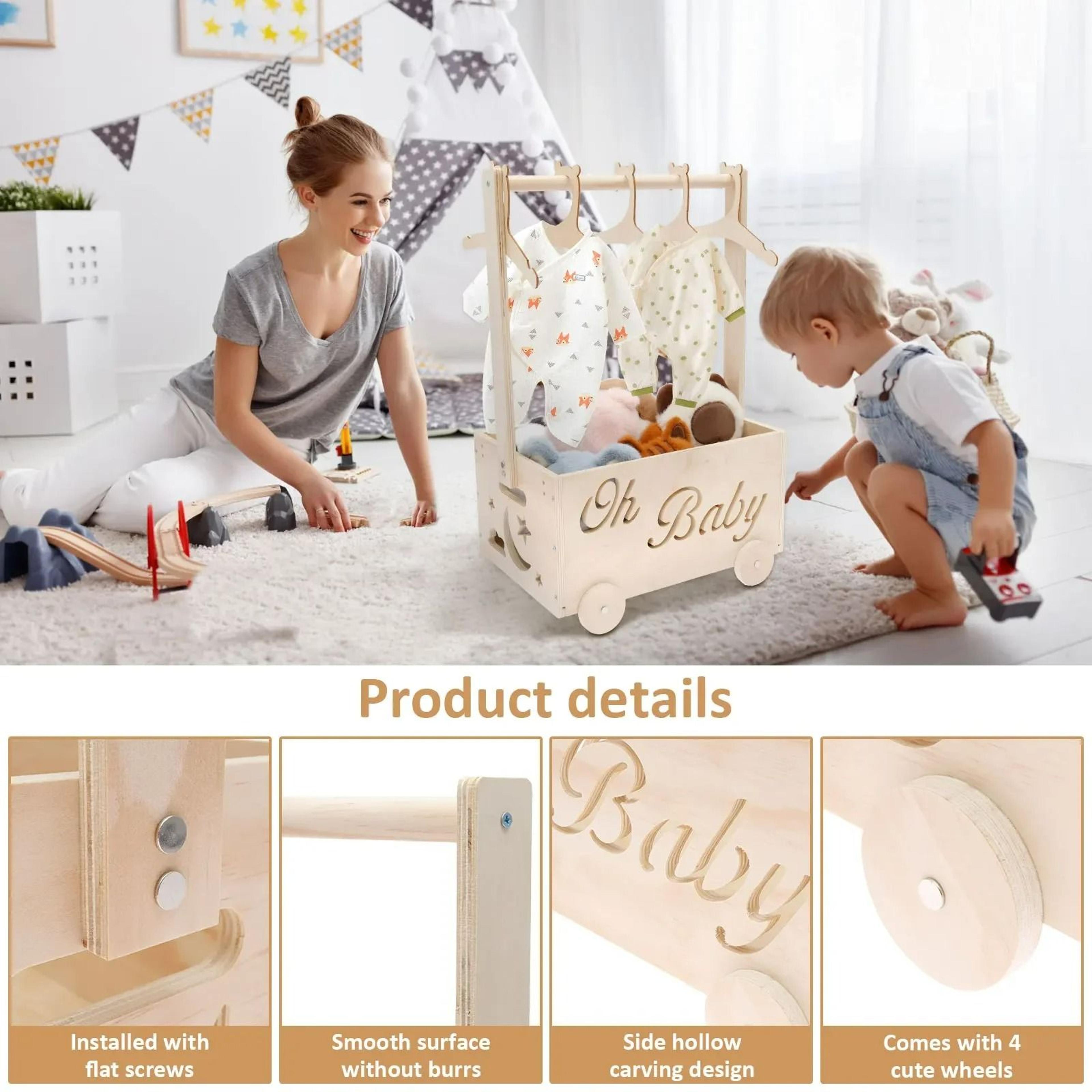 Wooden Baby Shower Storage Crate  Nursery Clothing Organizer With Hanger Bar  Wheels 2