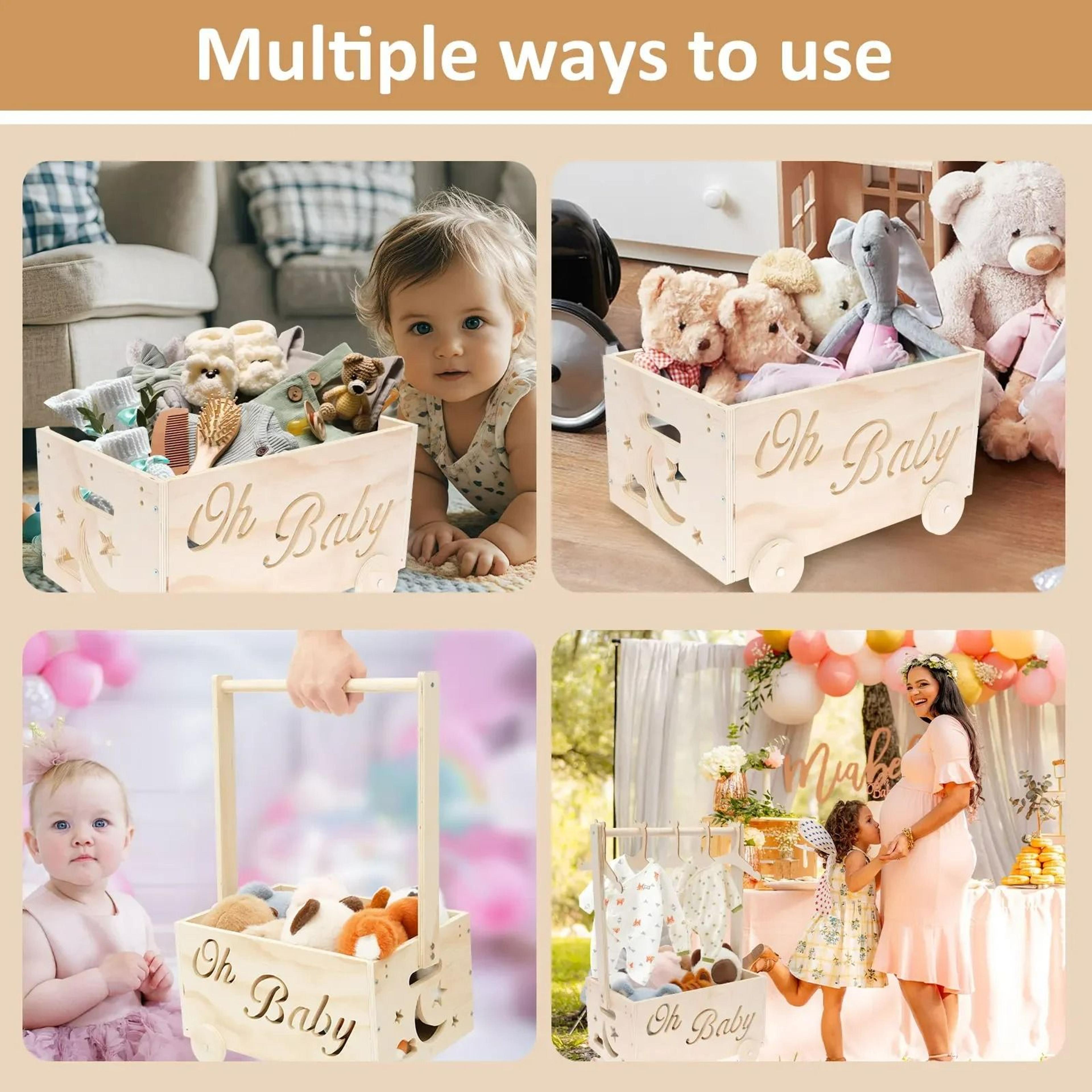 Wooden Baby Shower Storage Crate  Nursery Clothing Organizer With Hanger Bar  Wheels 5