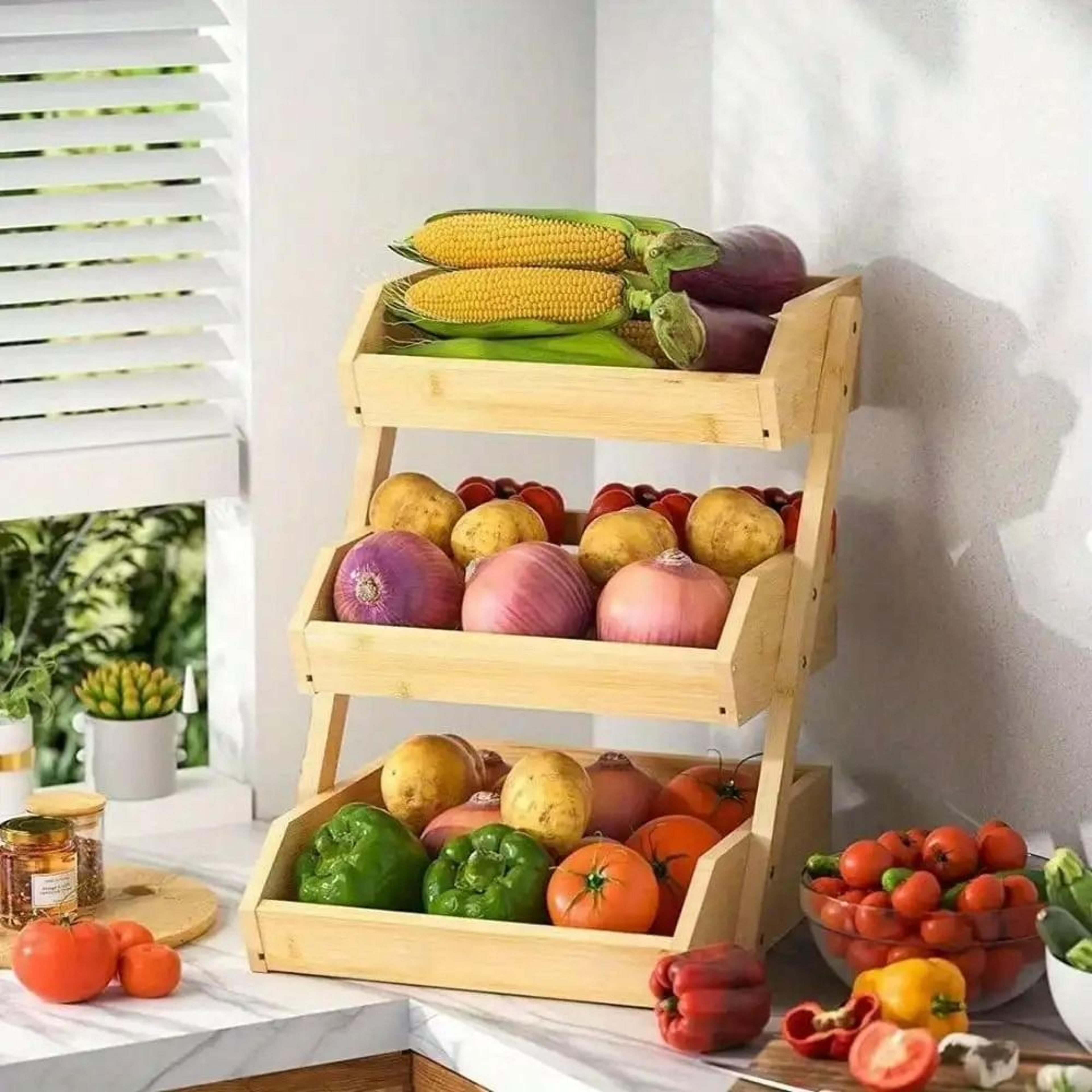 Tiered Bamboo Fruit And Vegetable Basket Stand Multipurpose Kitchen Storage Organizer 7